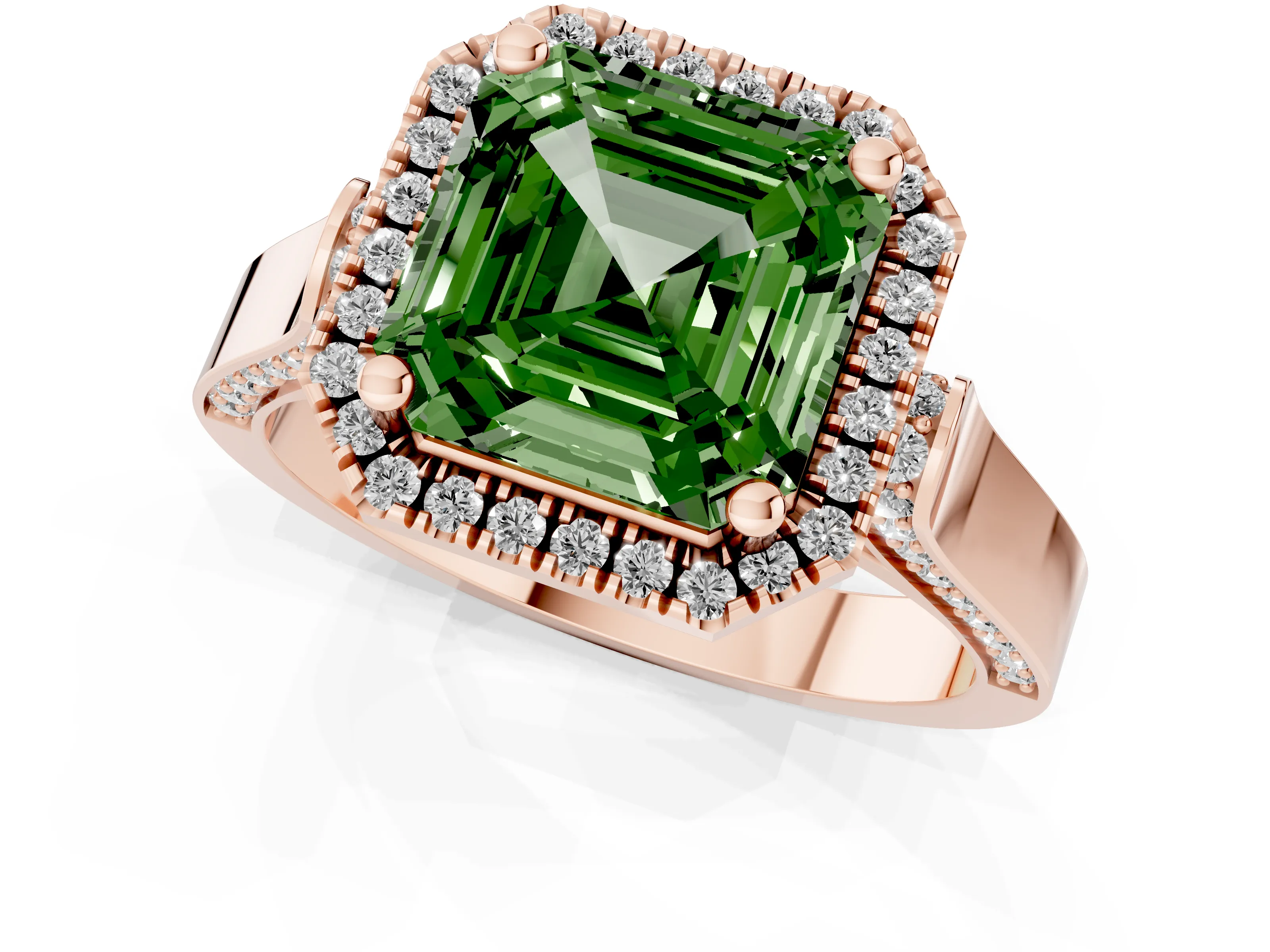 Fancy Green Asscher Cut Diamond Halo Ring Set in Rose gold with Pavé-Lined Split Shank Band