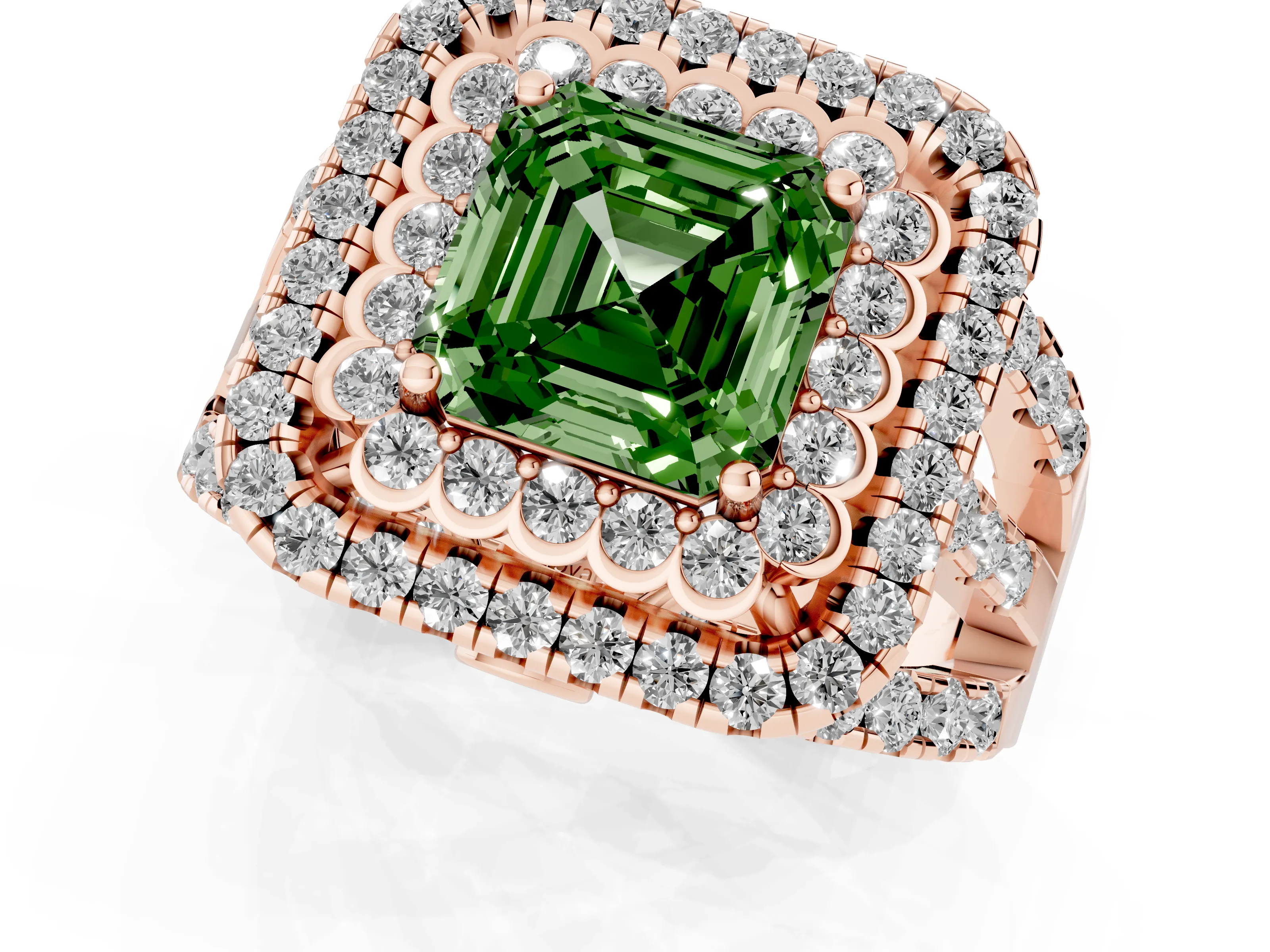 Fancy Green Asscher Cut Diamond Double Halo Ring Set in Rose gold with Round Pavé Split Shank