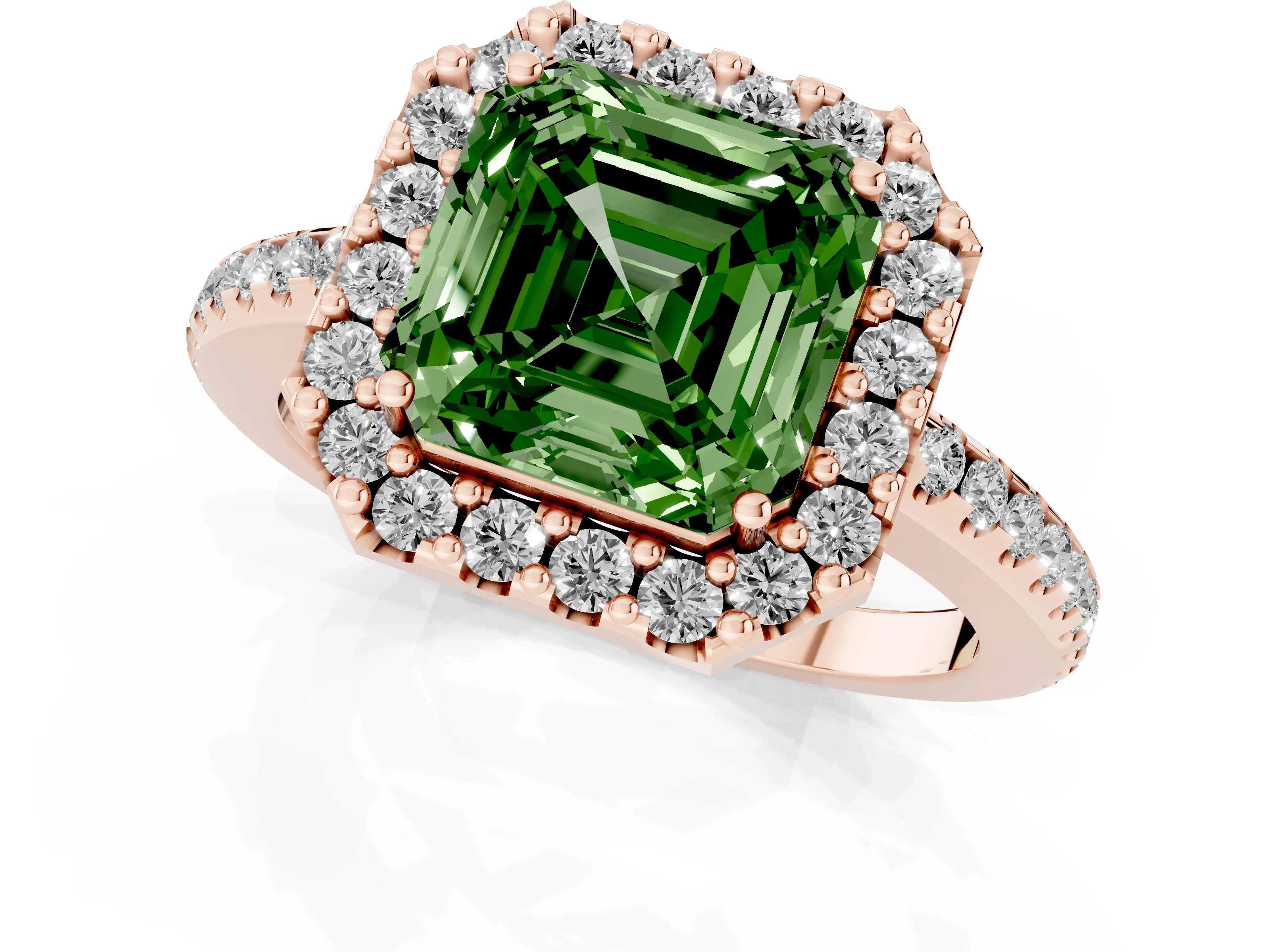 Fancy Green Asscher Cut Diamond Pavé Halo Ring Set in Rose gold with Prong Setting