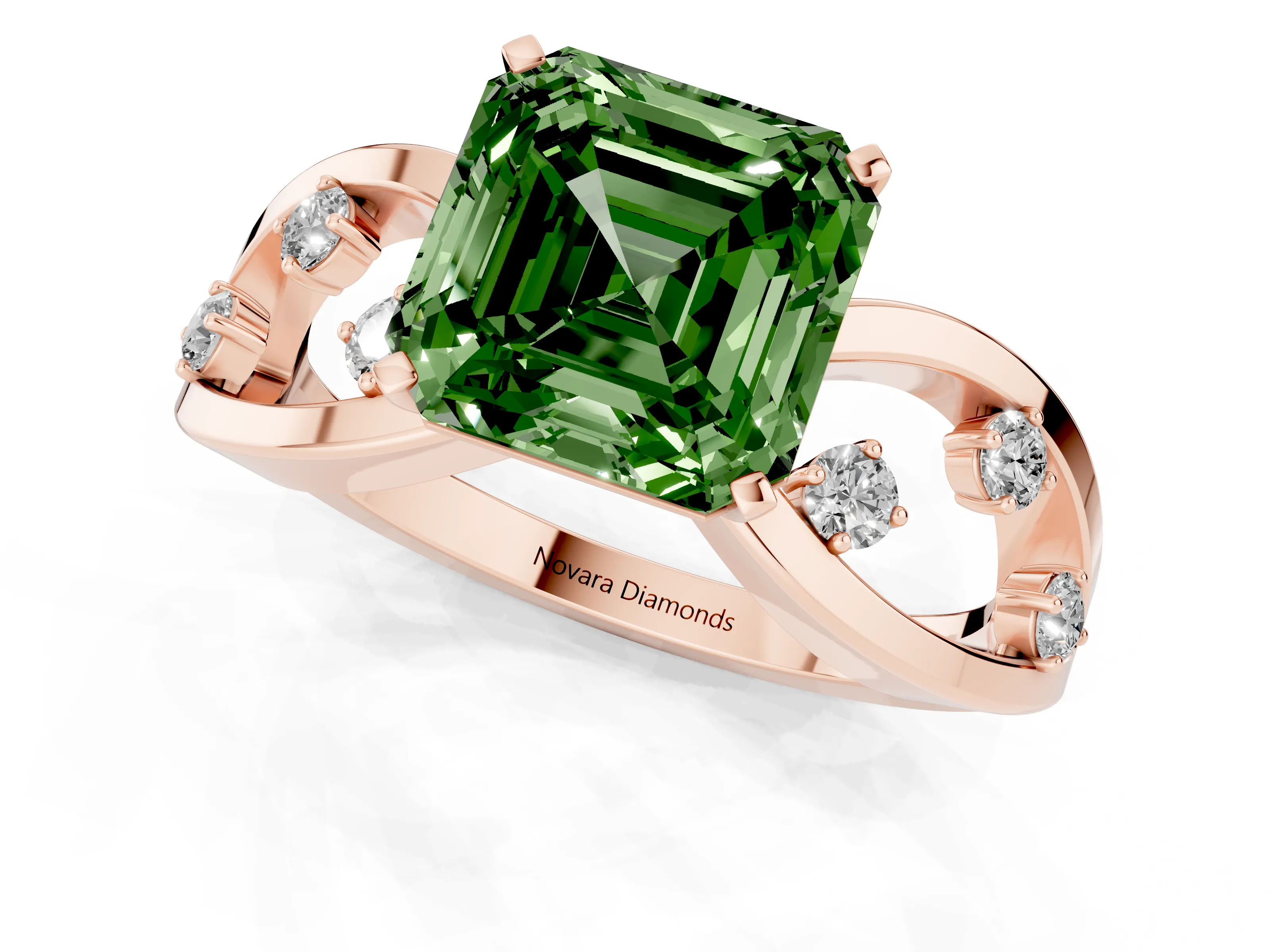 Fancy Green Asscher Cut Diamond Solitaire Ring Set in Rose gold with Side Stones on Criss-Cross Band and Prong Setting