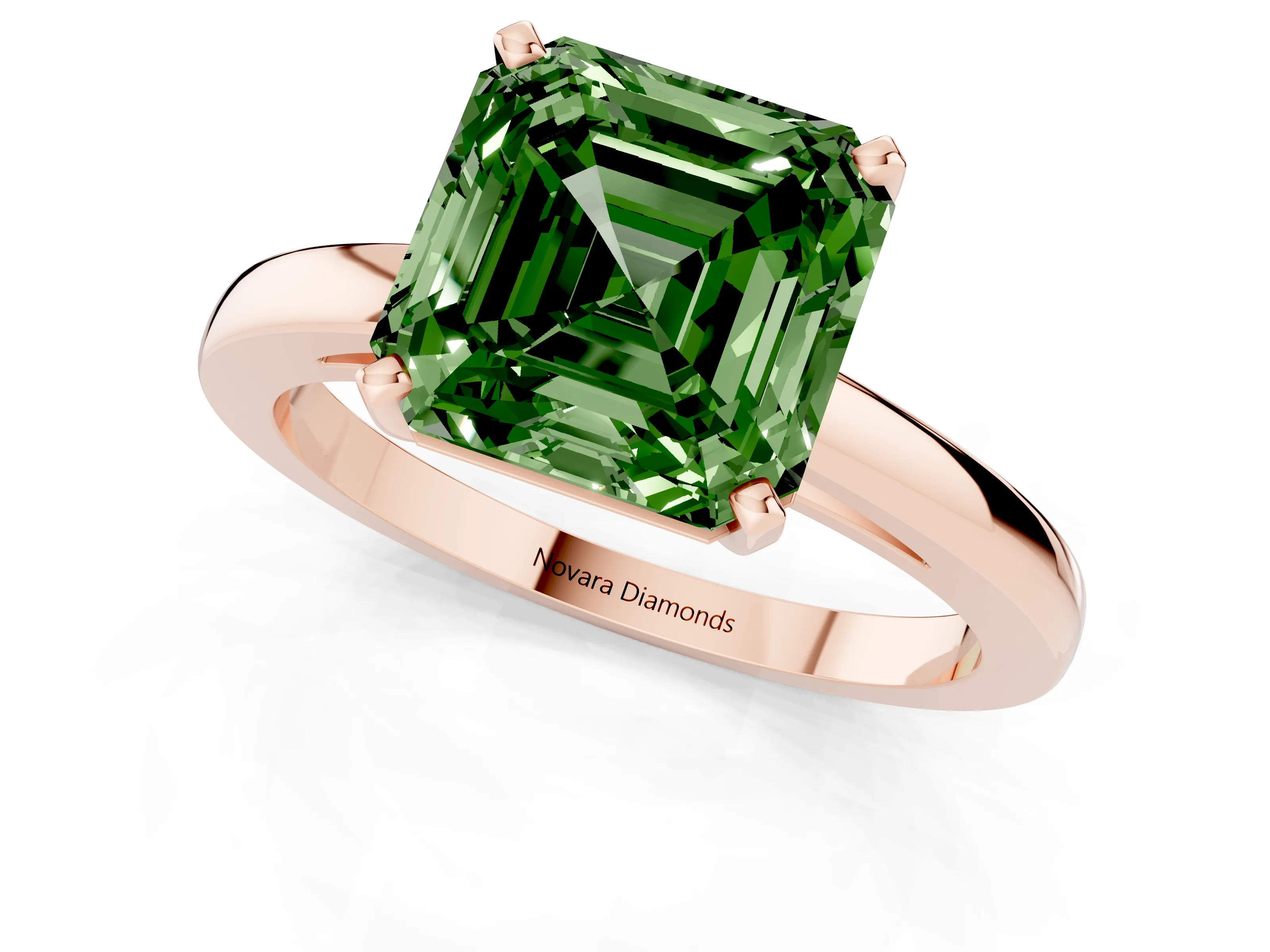 Fancy Green Asscher Cut Diamond Solitaire Engagement Ring Set in Rose gold with Prong Setting on a Classic Band