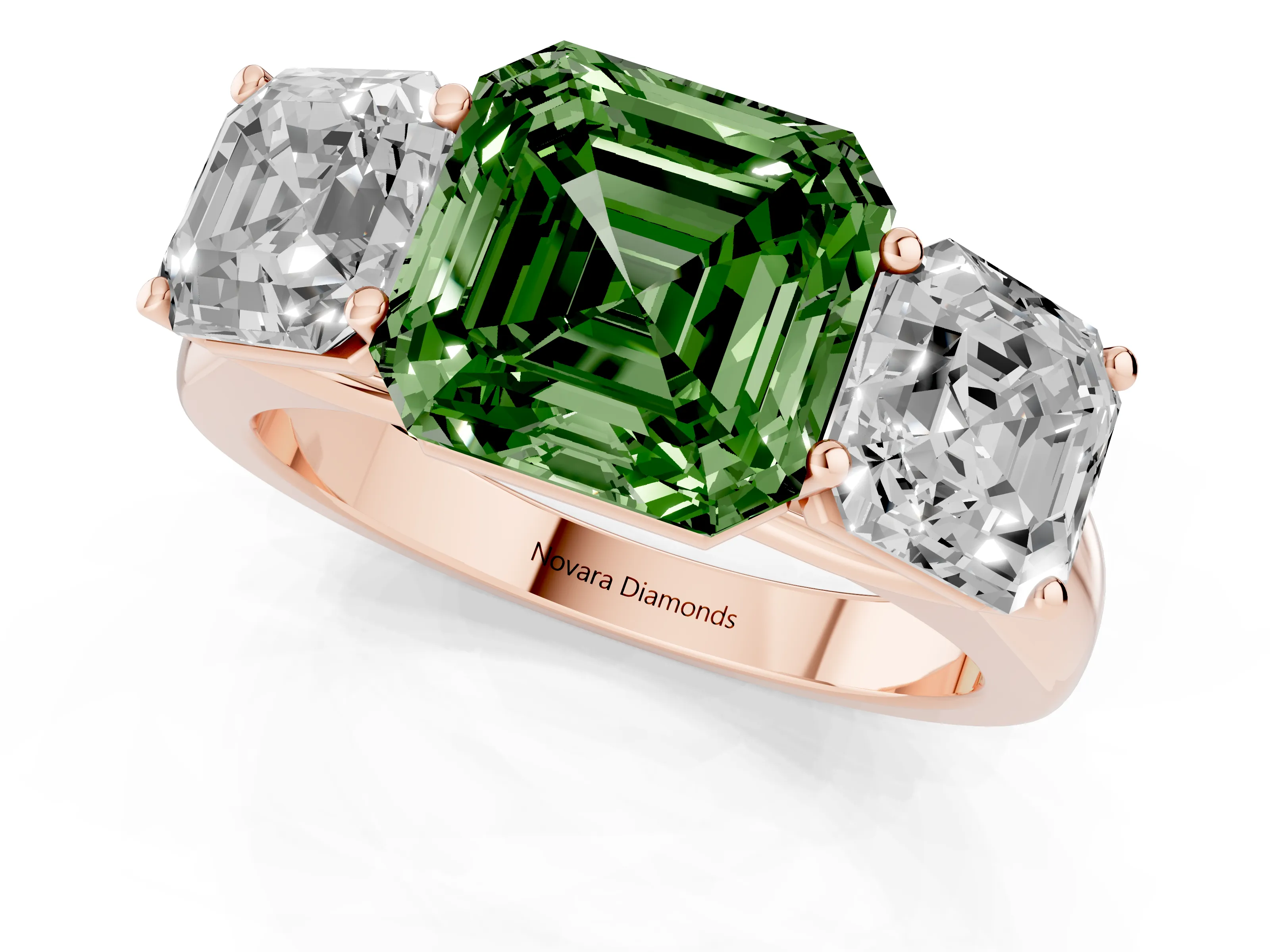 Fancy Green Asscher Cut Diamond Three-Stone Ring Set in Rose gold with Plain Polished Band