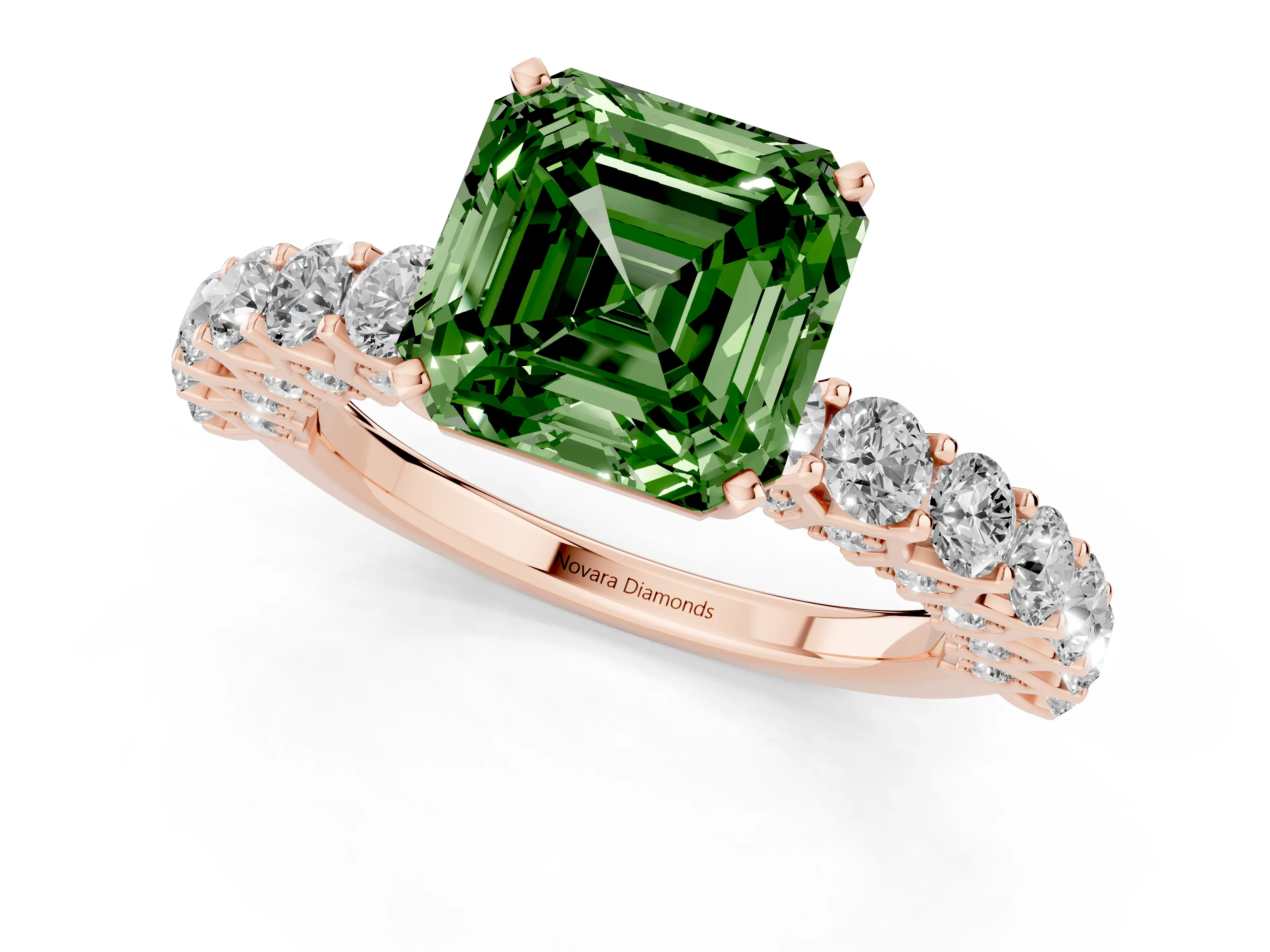 Fancy Green Asscher Cut Diamond Solitaire Ring Set in Rose gold with Shared Prong Pavé Band