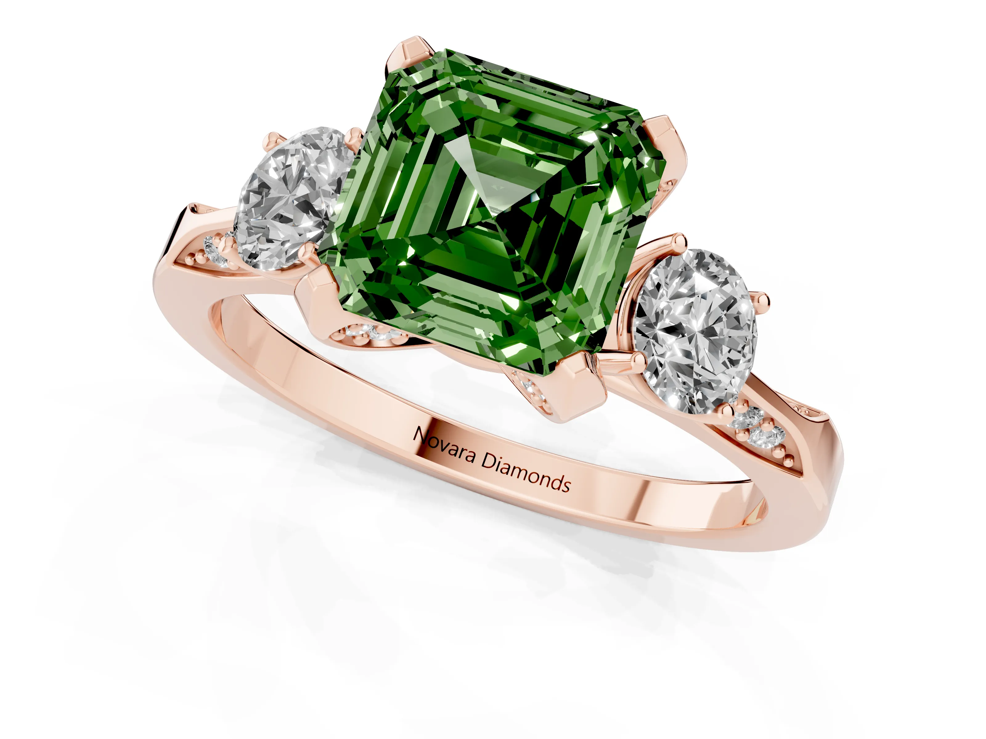 Fancy Green Asscher Cut Diamond Three-Stone Ring Set in Rose gold with Pavé Band and Smaller Side Stones