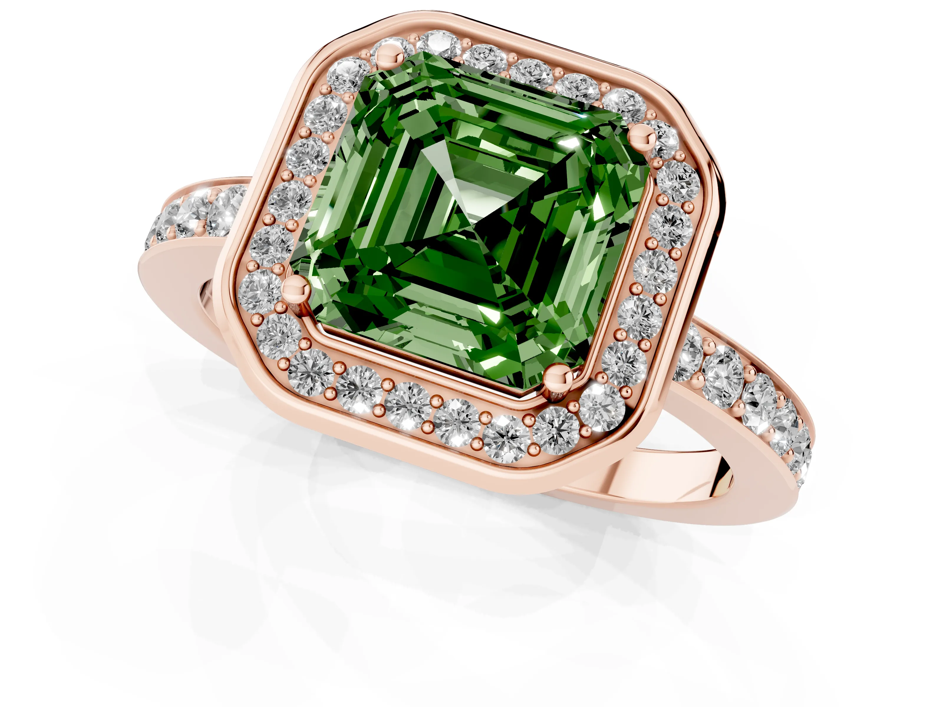 Fancy Green Asscher Cut Diamond Halo Ring Set in Rose gold with Bezel Frame and Pavé Band