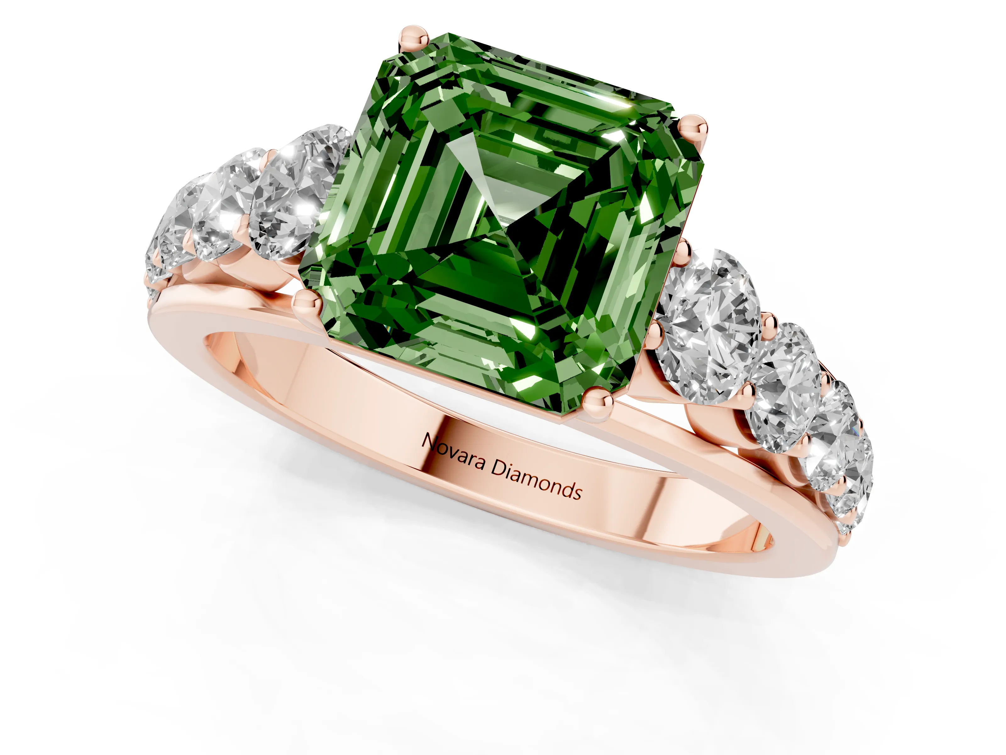 Fancy Green Asscher Cut Diamond Solitaire Ring Set in Rose gold with Pavé-Set Band and Prong Setting