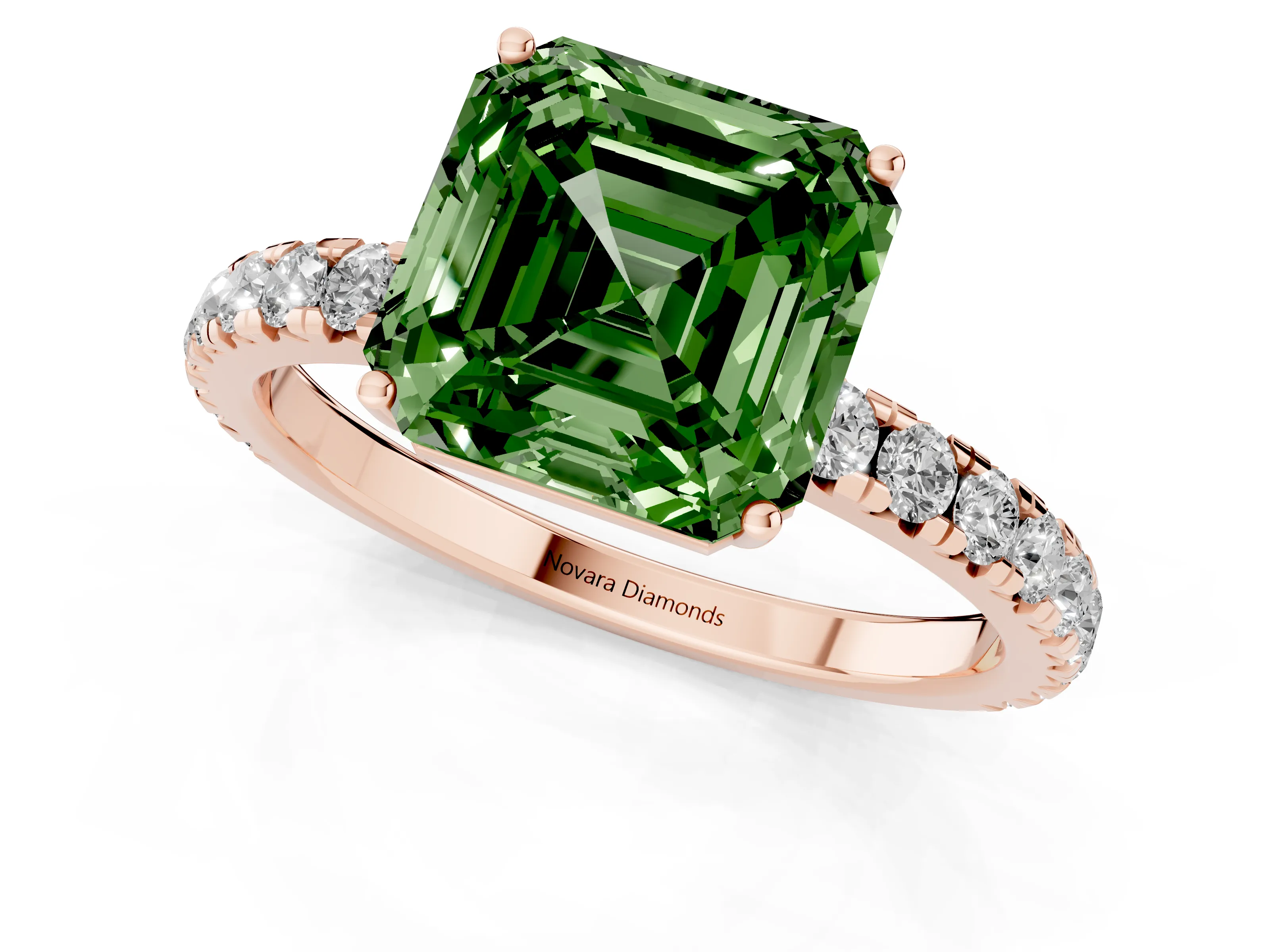Fancy Green Asscher Cut Diamond Pavé Solitaire Engagement Ring Set in Rose gold with Prong Setting