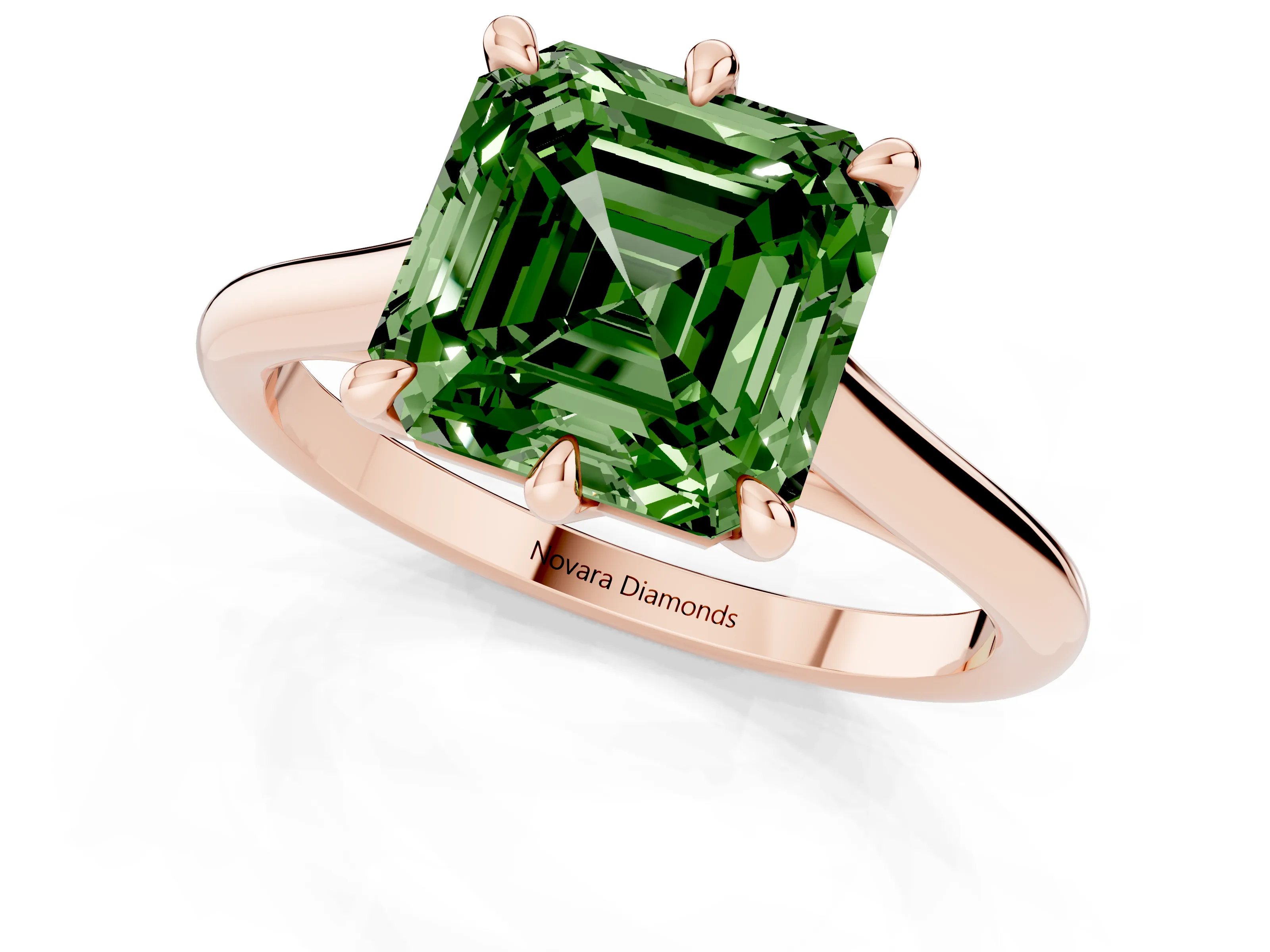 Fancy Green Asscher Cut Diamond Solitaire Engagement Ring Set in Rose gold with Prong Setting and Plain Classic Band