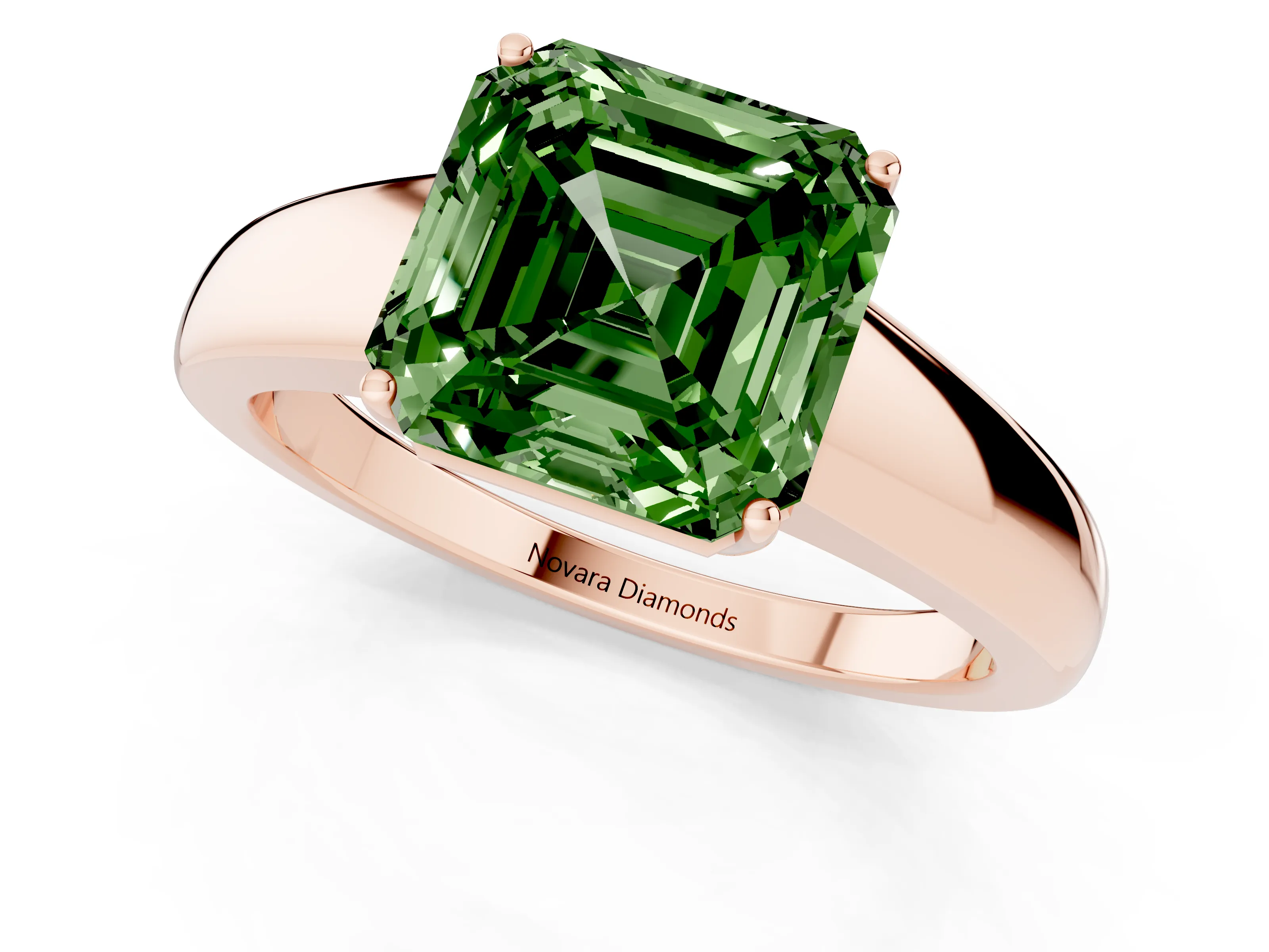 Fancy Green Asscher Cut Diamond Solitaire Ring Set in Rose gold with Tapered Band and Prong Setting