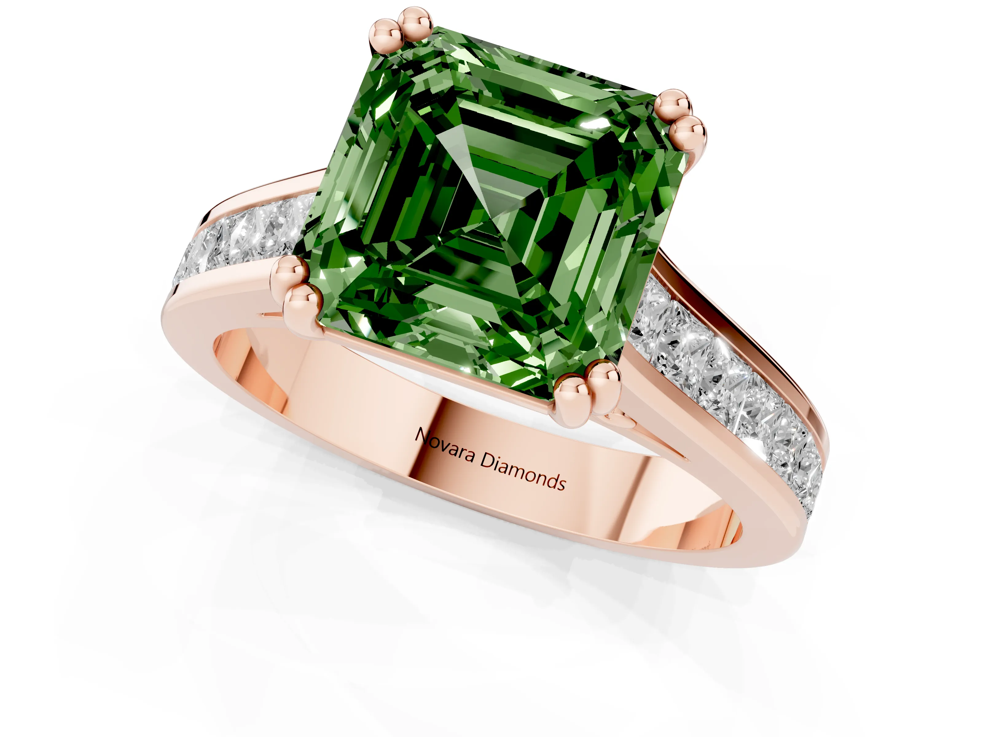Fancy Green Asscher Cut Diamond Channel Set Solitaire Engagement Ring Set in Rose gold with Prong Setting