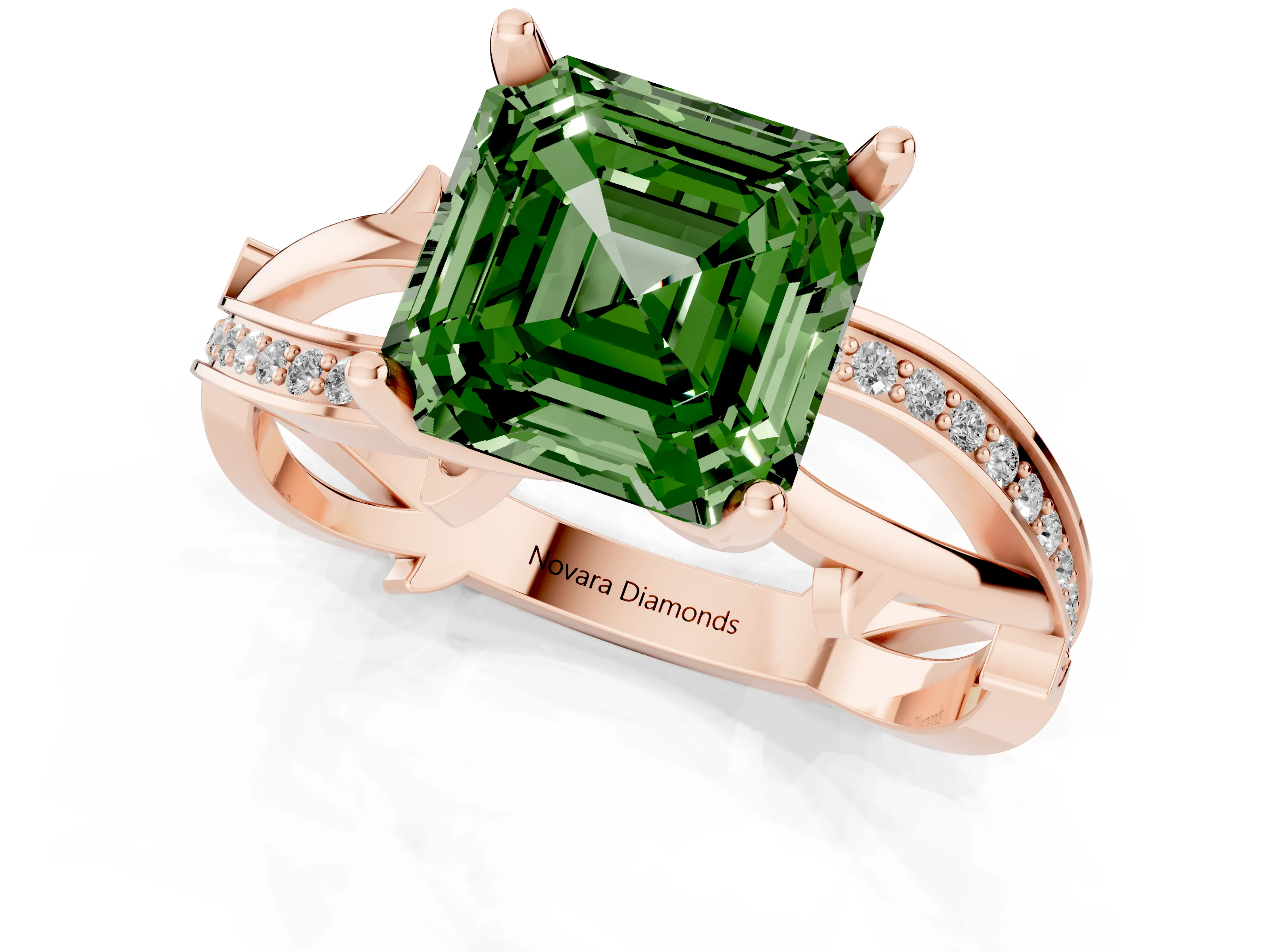 Fancy Green Asscher Cut Diamond Pavé Twist Band Solitaire Ring Set in Rose gold with Prong Setting