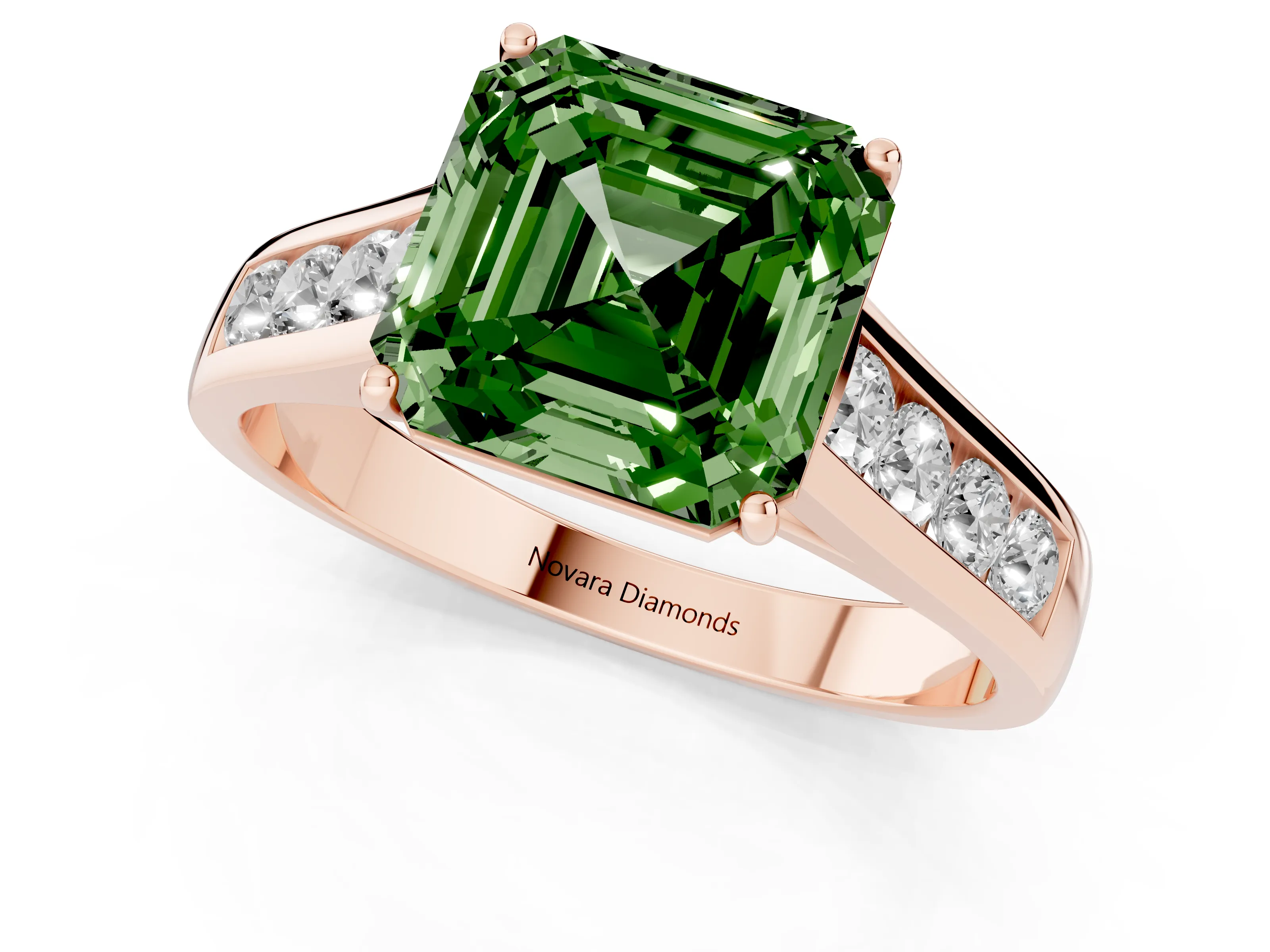 Fancy Green Asscher Cut Diamond Brilliant Channel-Set Solitaire Ring Set in Rose gold with Prong Setting