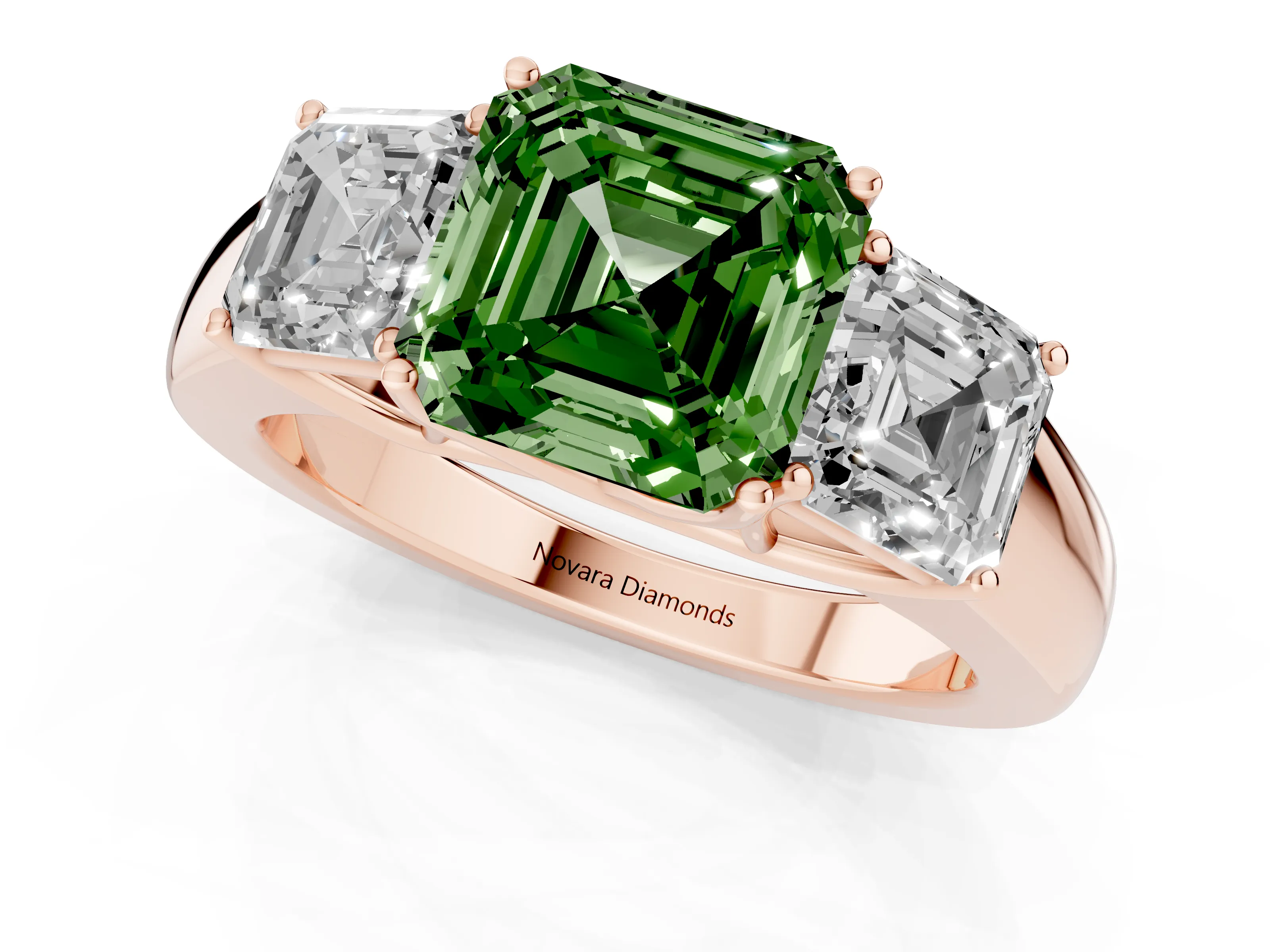 Fancy Green Three-Stone Asscher Cut Diamond Ring Set in Rose gold with Matching Prong Settings and Plain Band