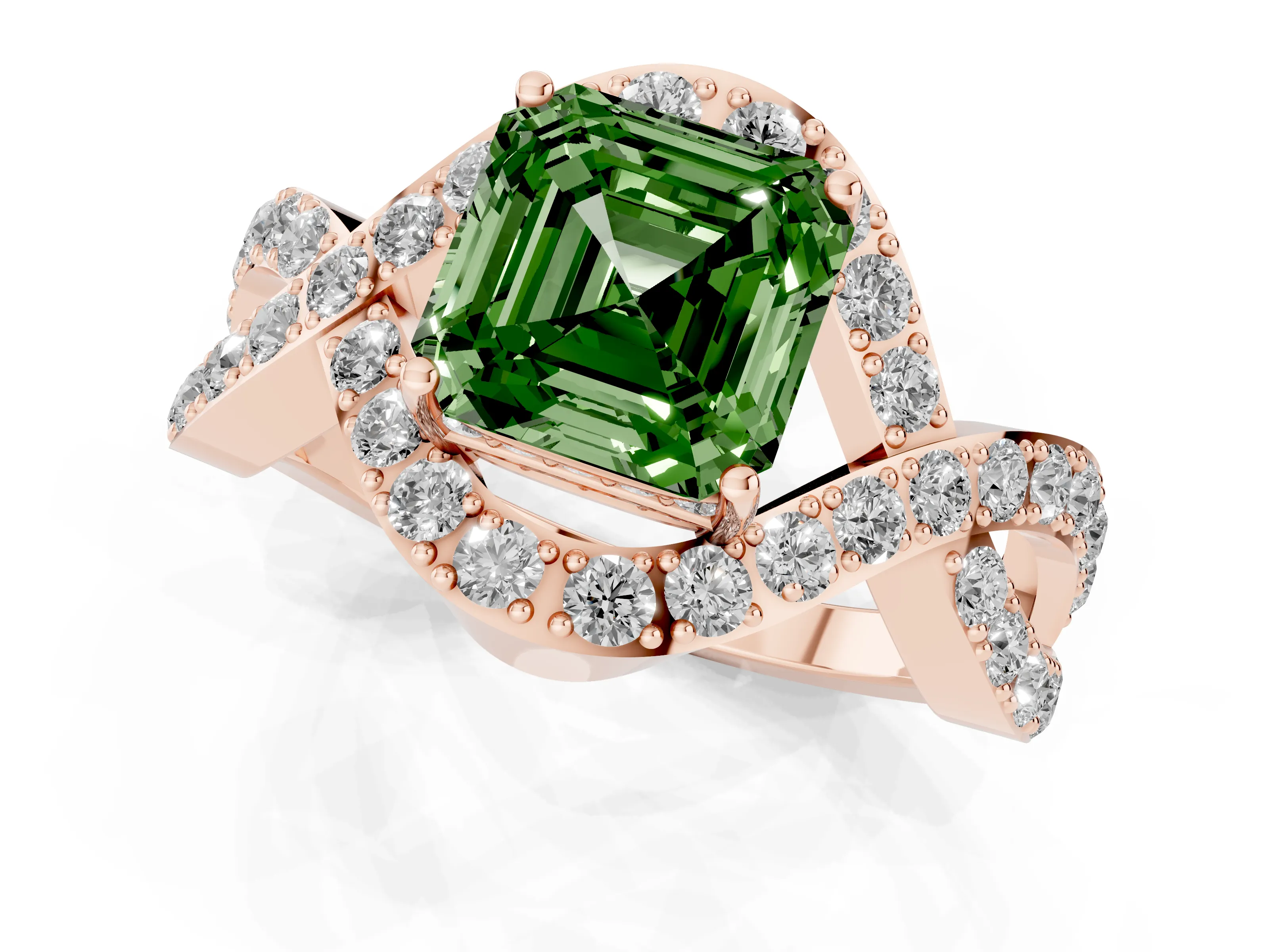 Fancy Green Asscher Cut Diamond Solitaire Twist Band Pavé Engagement Ring Set in Rose gold