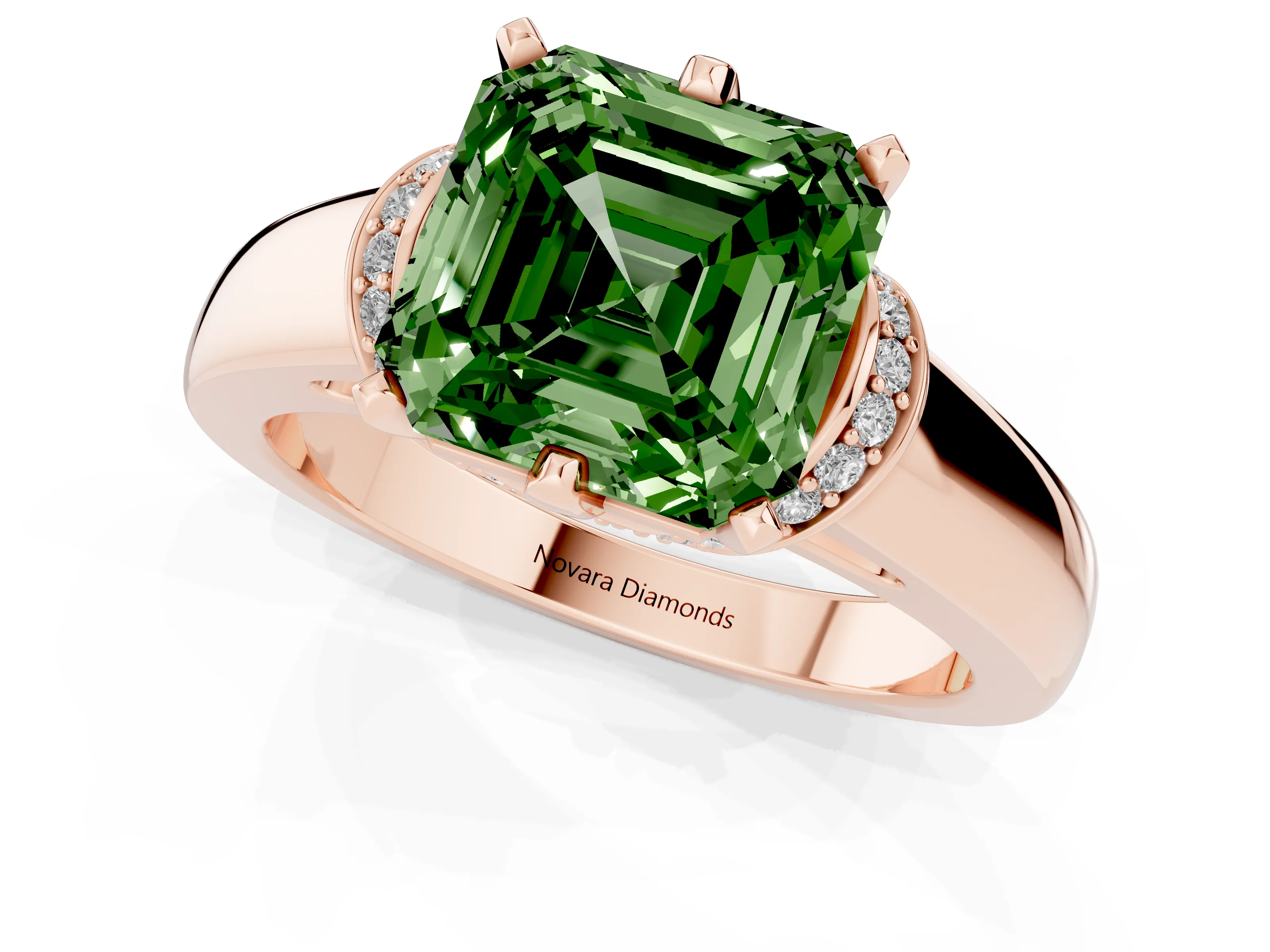 Fancy Green Asscher Cut Diamond Pavé Band Solitaire Ring Set in Rose gold with Prong Setting