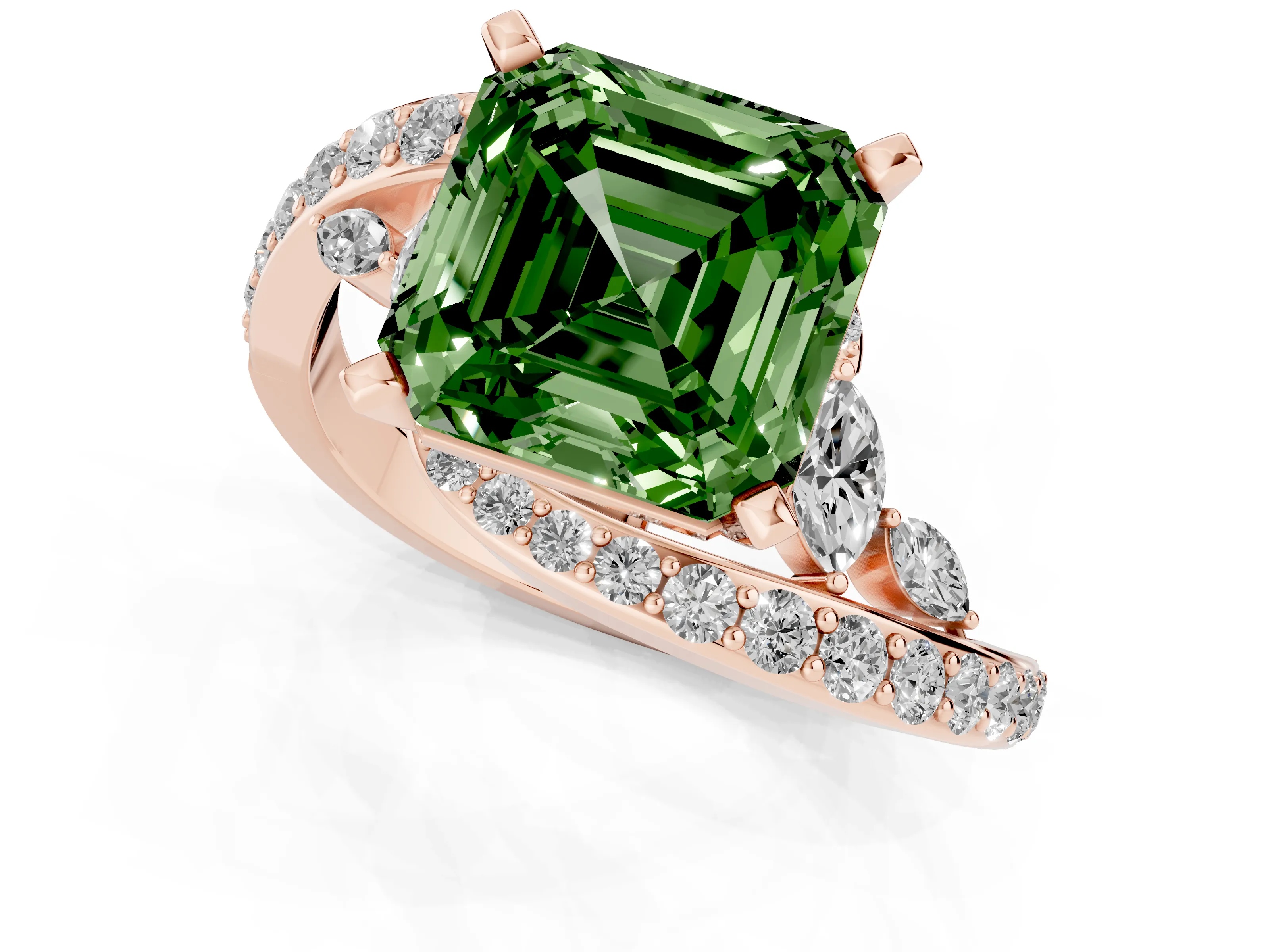 Fancy Green Asscher Cut Diamond Solitaire Ring Set in Rose gold with Pavé Twist Band and Secure Prong Setting
