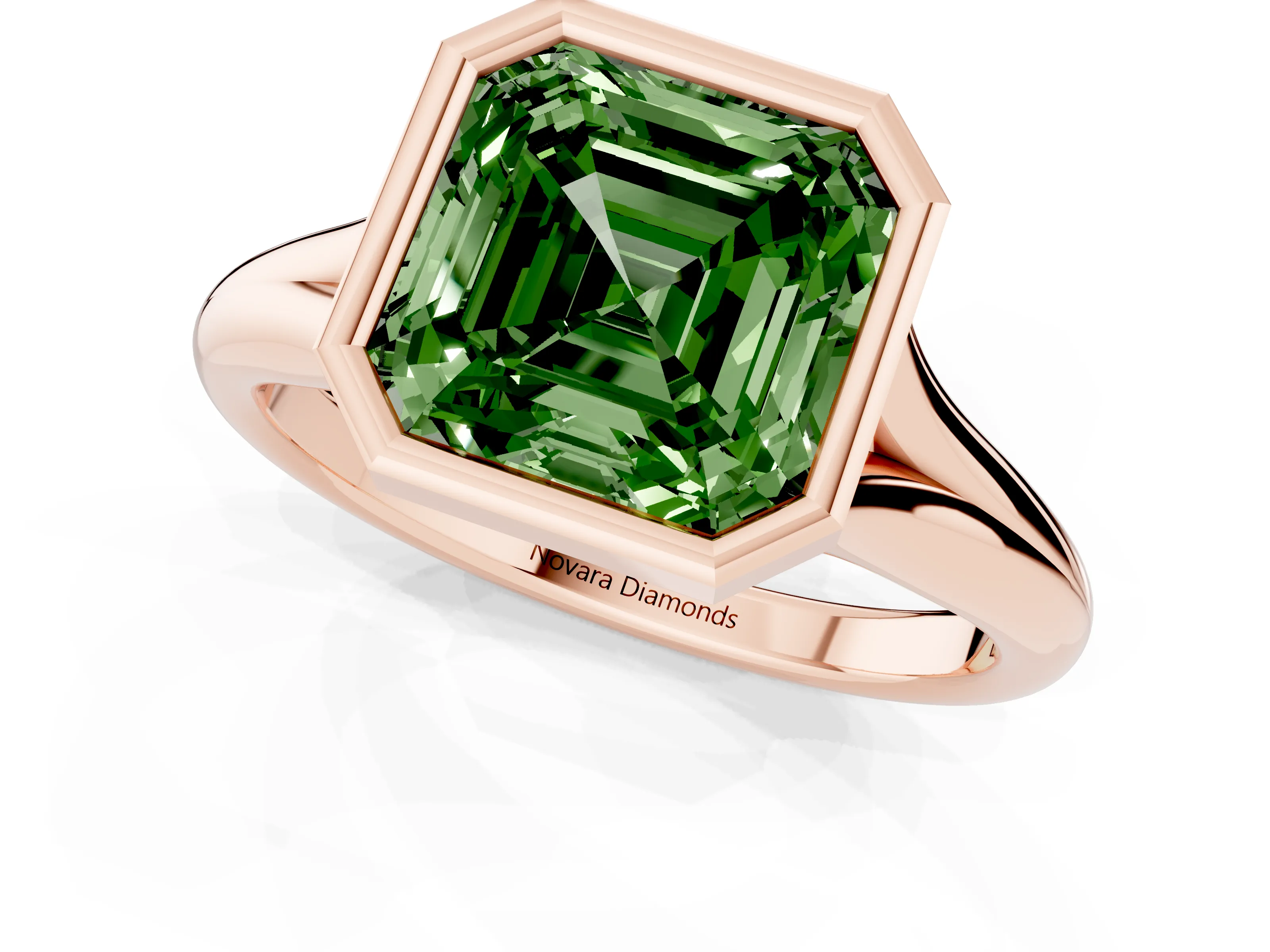 Fancy Green Bezel Set Asscher Cut Diamond Solitaire Ring Set in Rose gold with Smooth Band