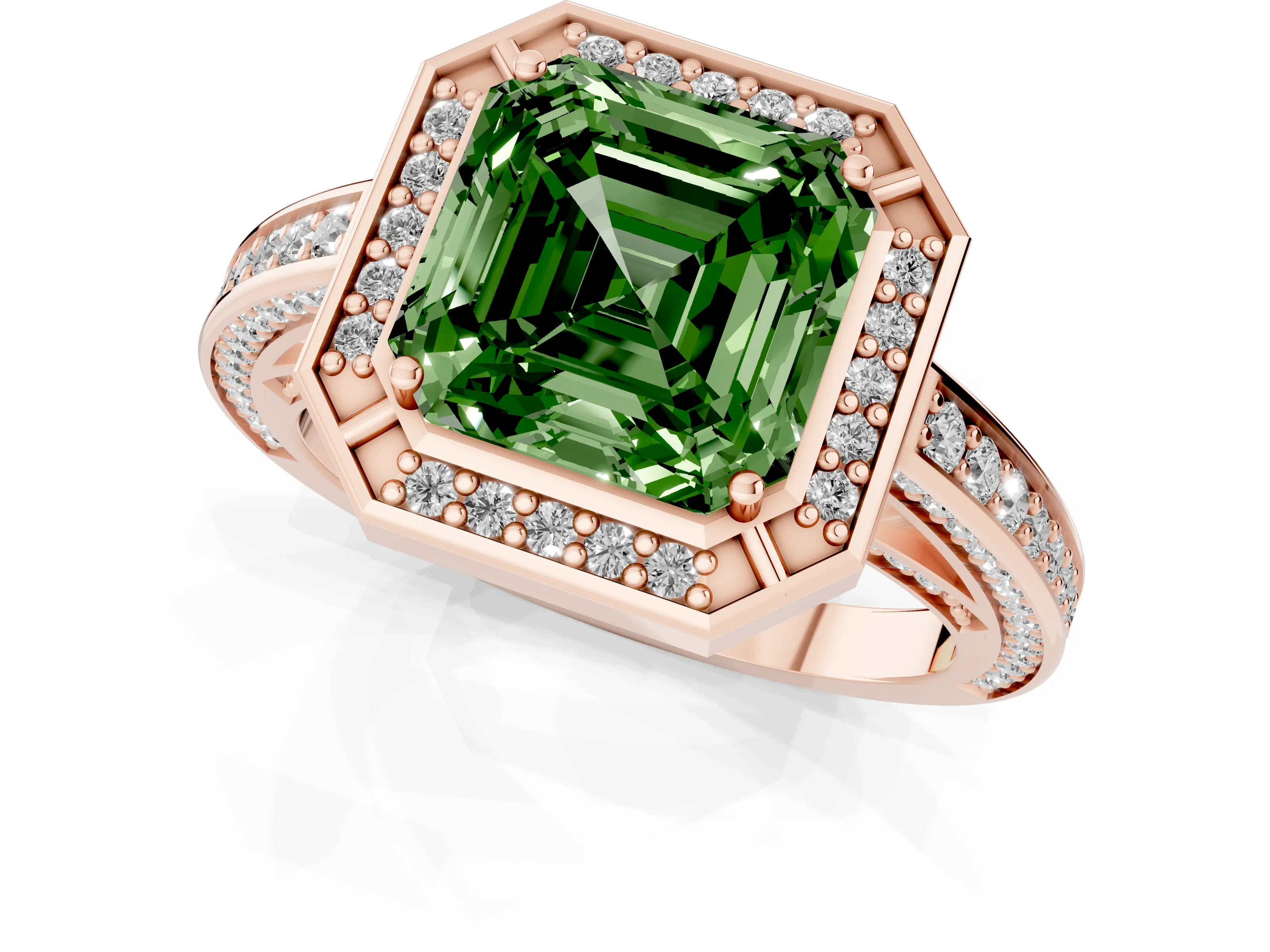Fancy Green Asscher Cut Diamond Halo Pavé Split Shank Ring Set in Rose gold with Prong Setting