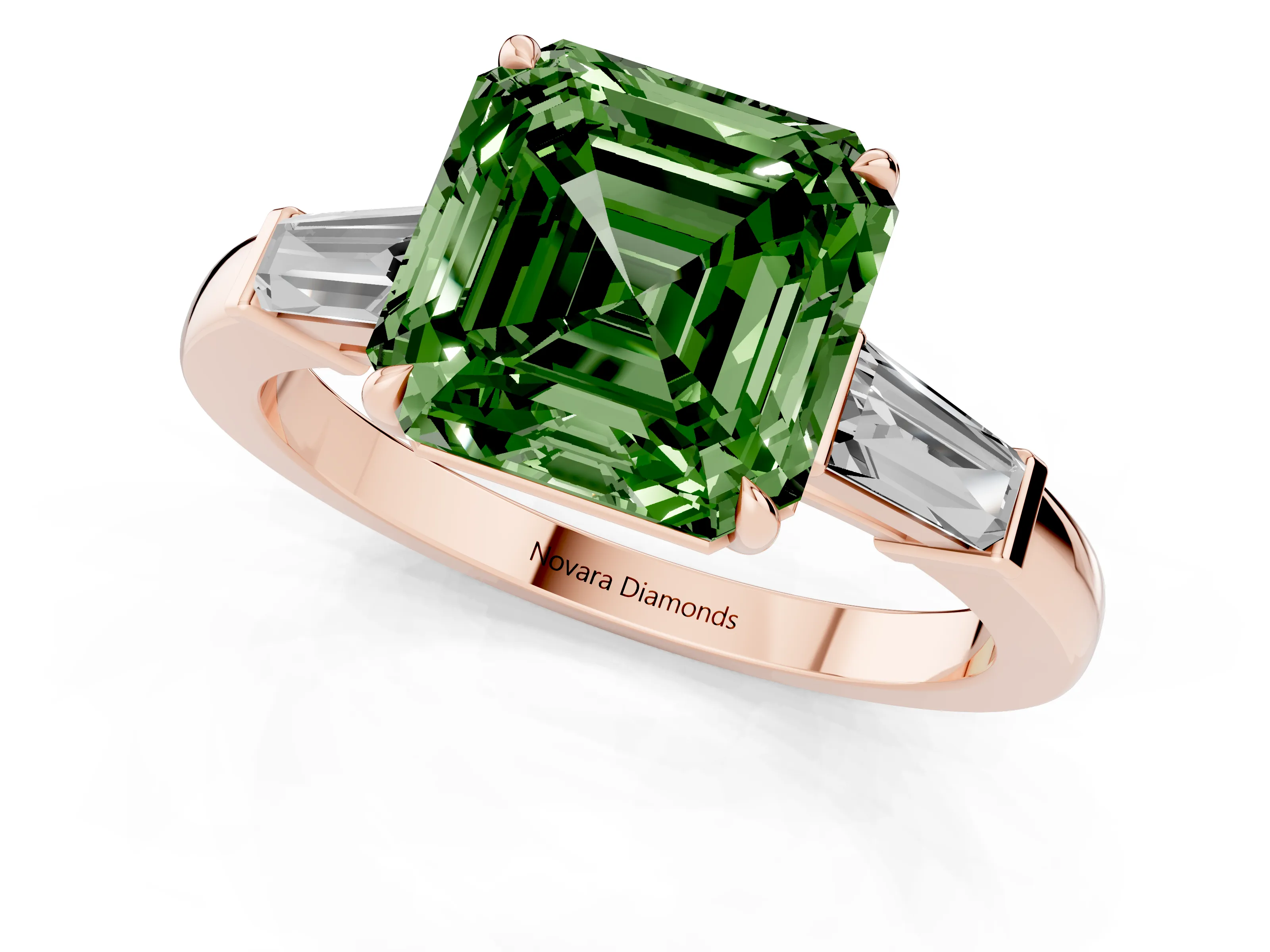 Fancy Green Asscher Cut Diamond Three-Stone Ring Set in Rose gold with Tapered Baguette Side Stones and Prong Setting