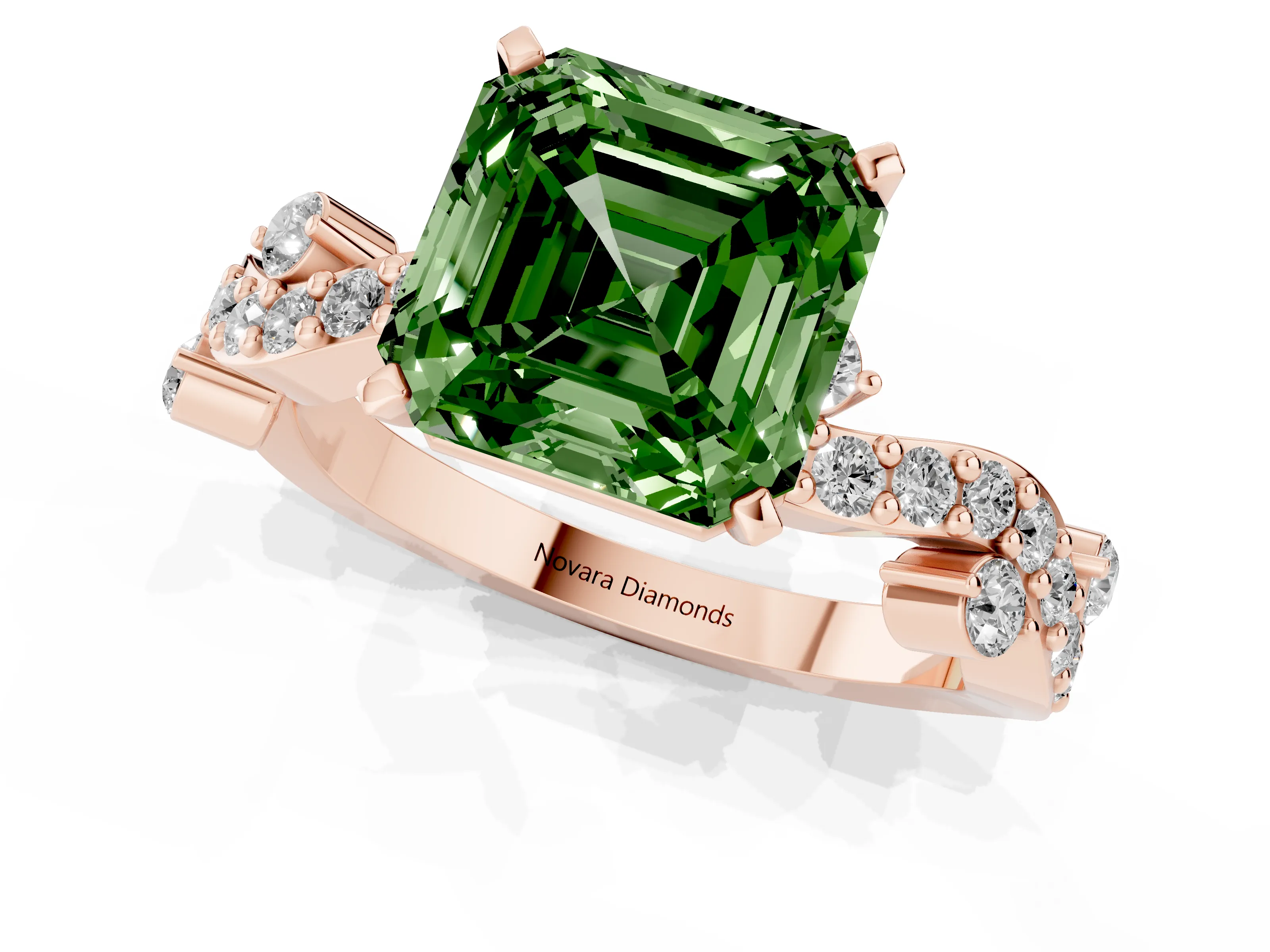 Fancy Green Asscher Cut Diamond Solitaire Twisted Band Set in Rose gold with Pavé Setting