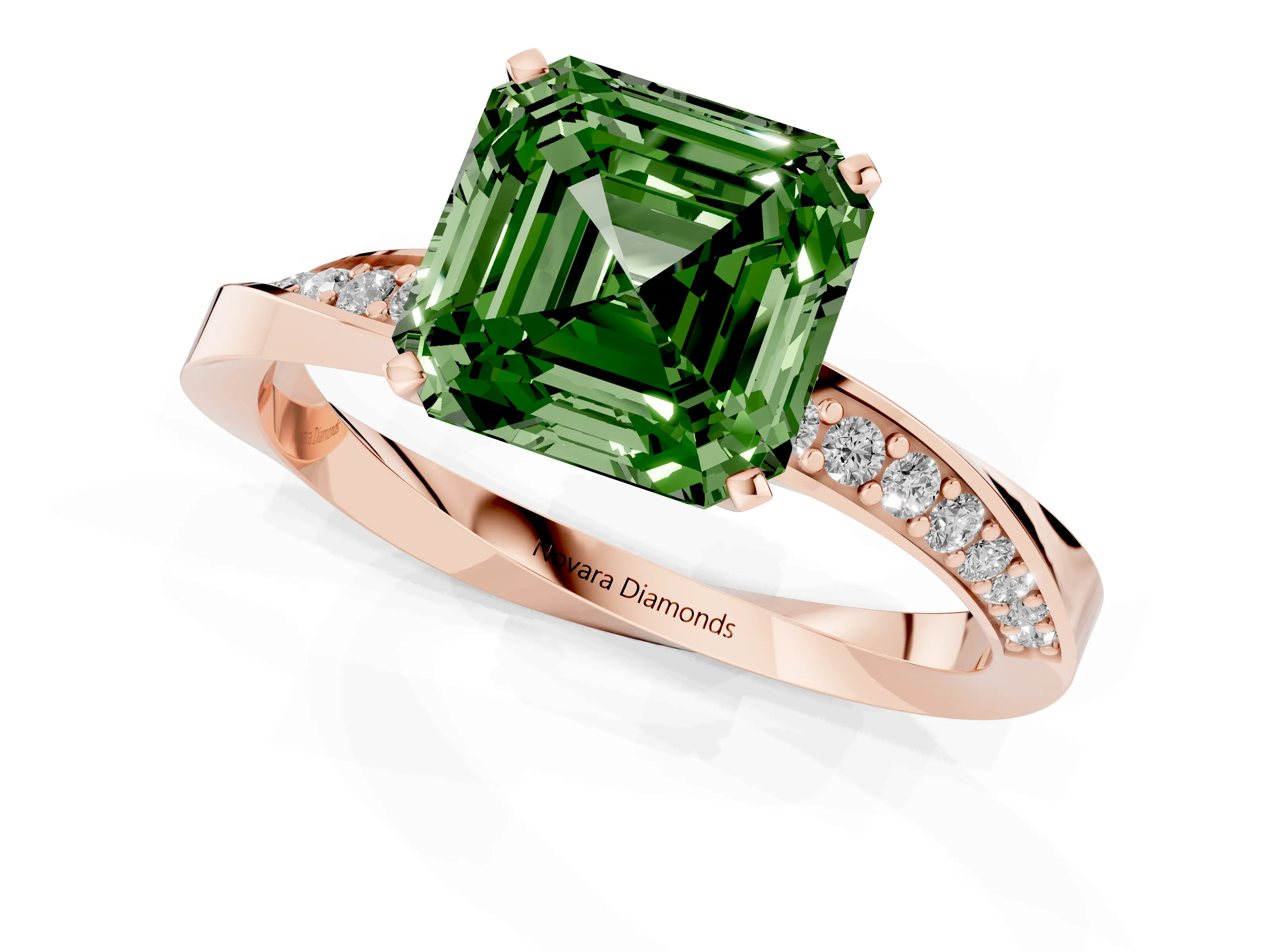 Fancy Green Asscher Cut Diamond Engagement Ring Set in Rose gold with Side Stone Accents and Prong Setting