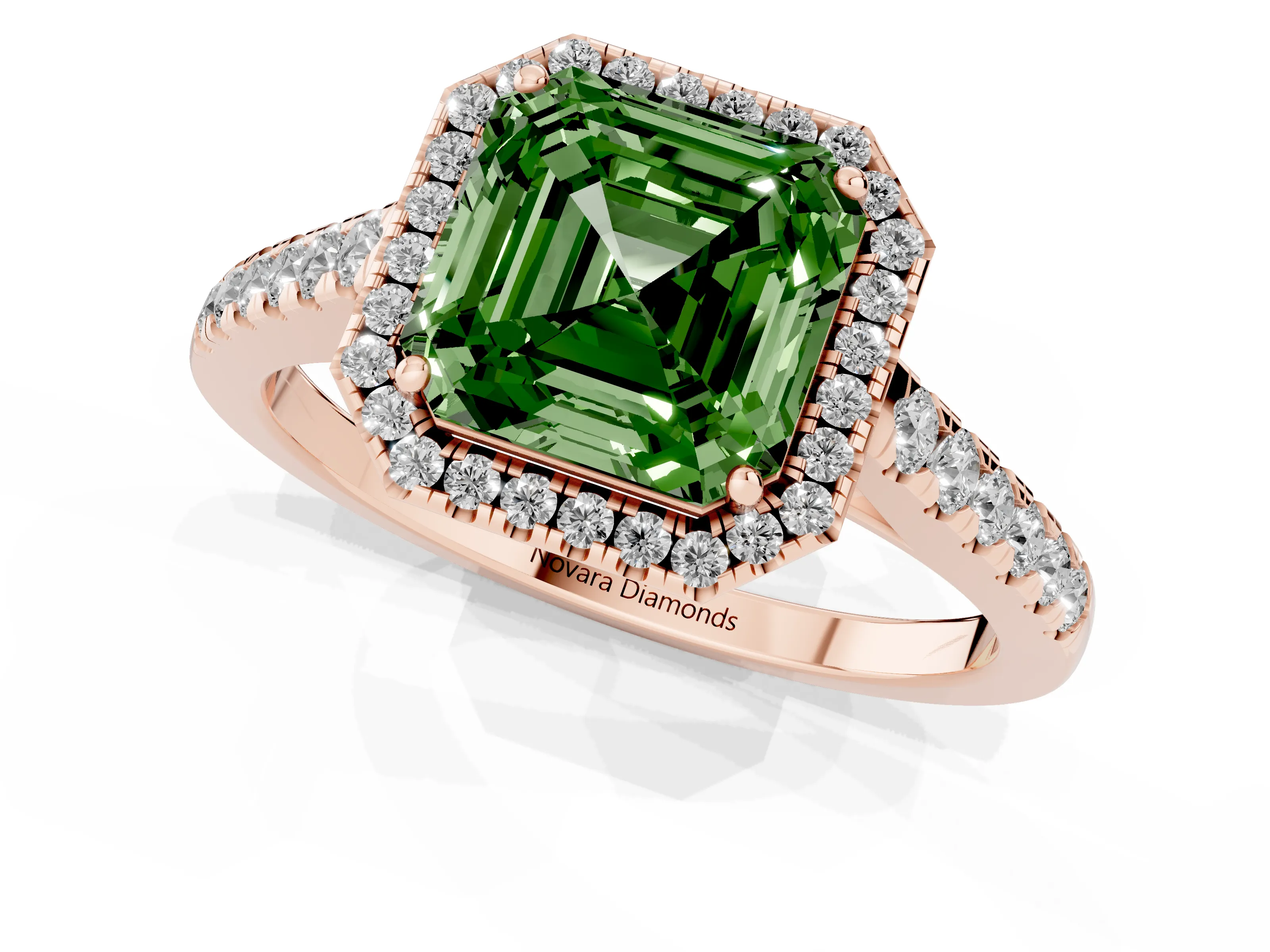 Fancy Green Asscher Cut Diamond Halo Pavé Engagement Ring Set in Rose gold with Prong Setting