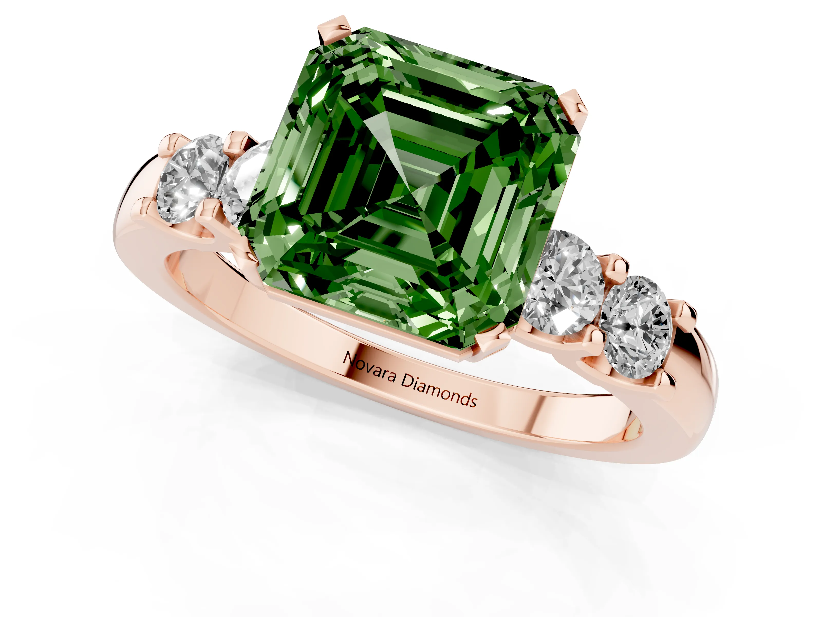 Fancy Green Asscher Cut Diamond Five-Stone Prong Set Engagement Ring Set in Rose gold with Channel Band