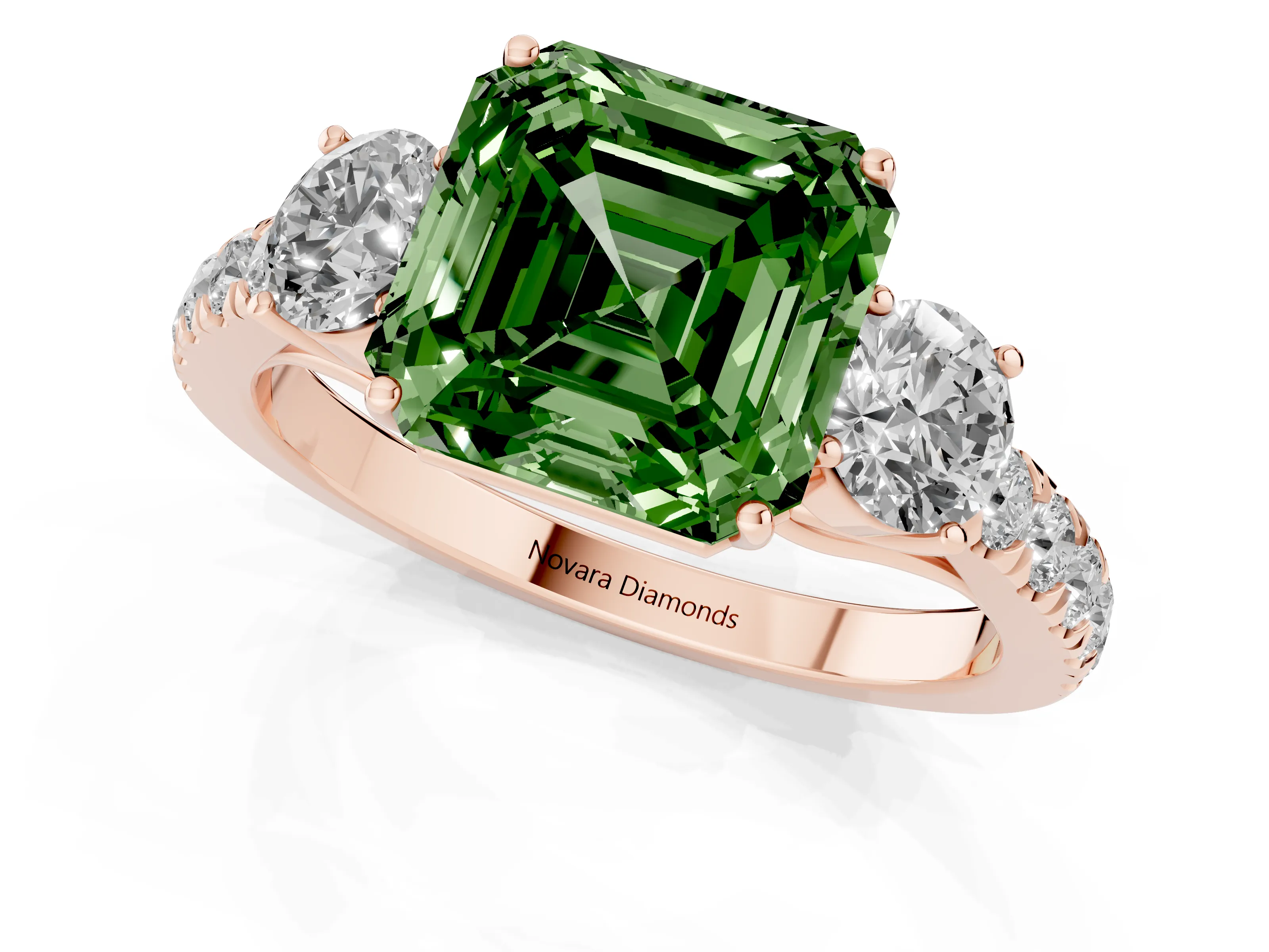 Fancy Green Asscher Cut Diamond Three-Stone Ring Set in Rose gold with Round Side Stones and Delicate Pavé Band