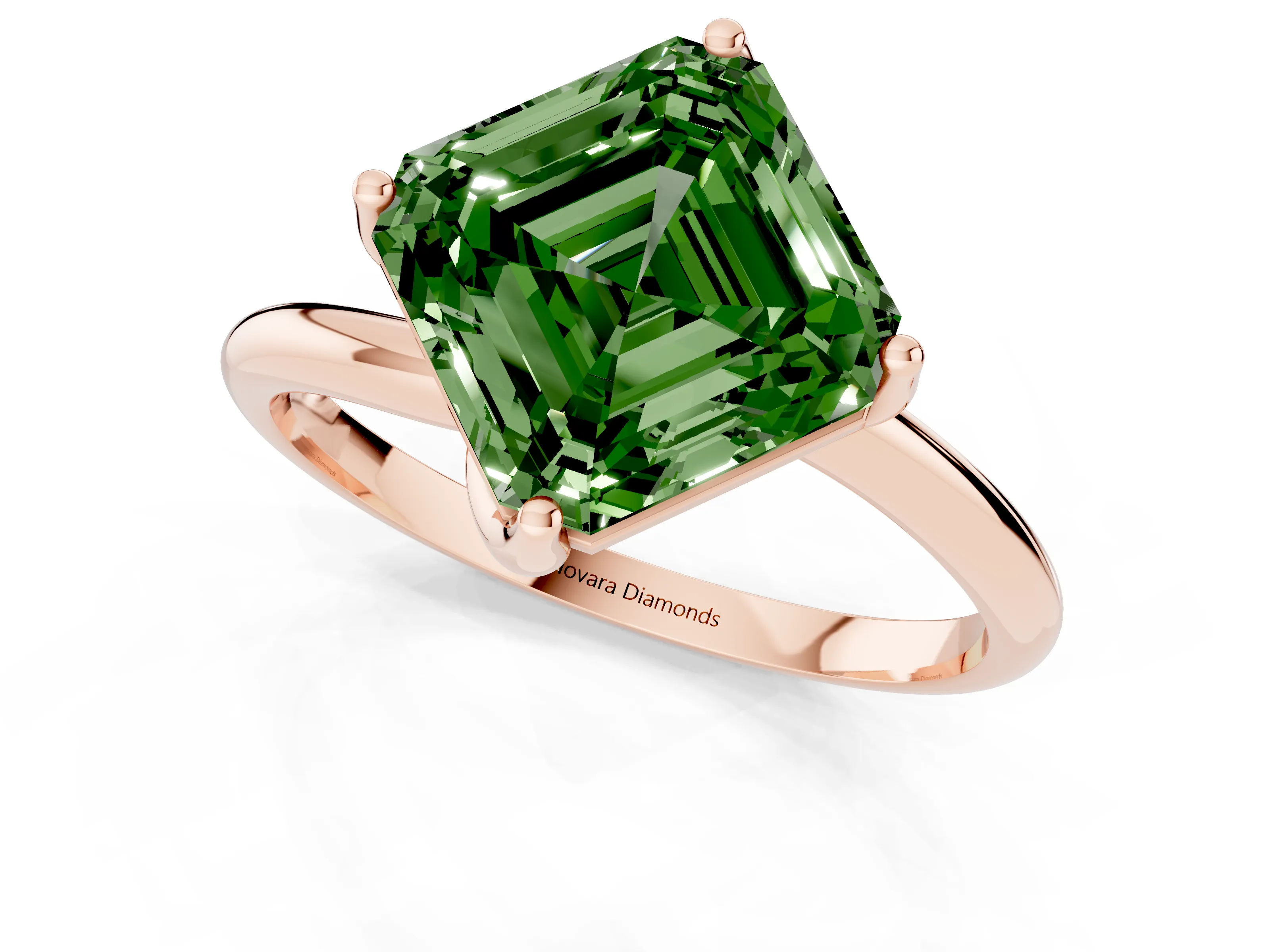 Fancy Green Asscher Cut Diamond Solitaire Engagement Ring Set in Rose gold with Classic Plain Band