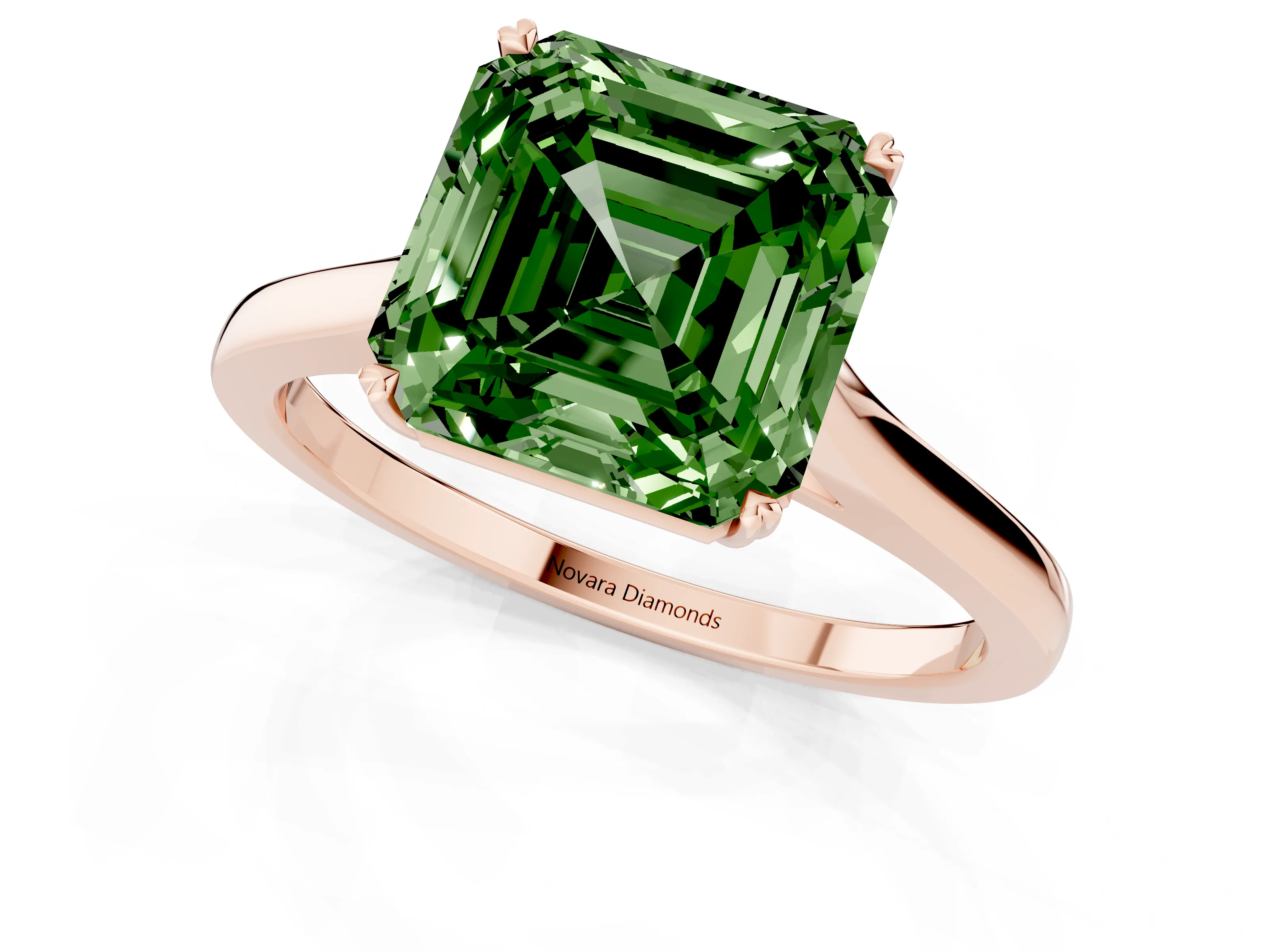Fancy Green Asscher Cut Diamond Solitaire Heart Prong Engagement Ring Set in Rose gold with Tapered Band