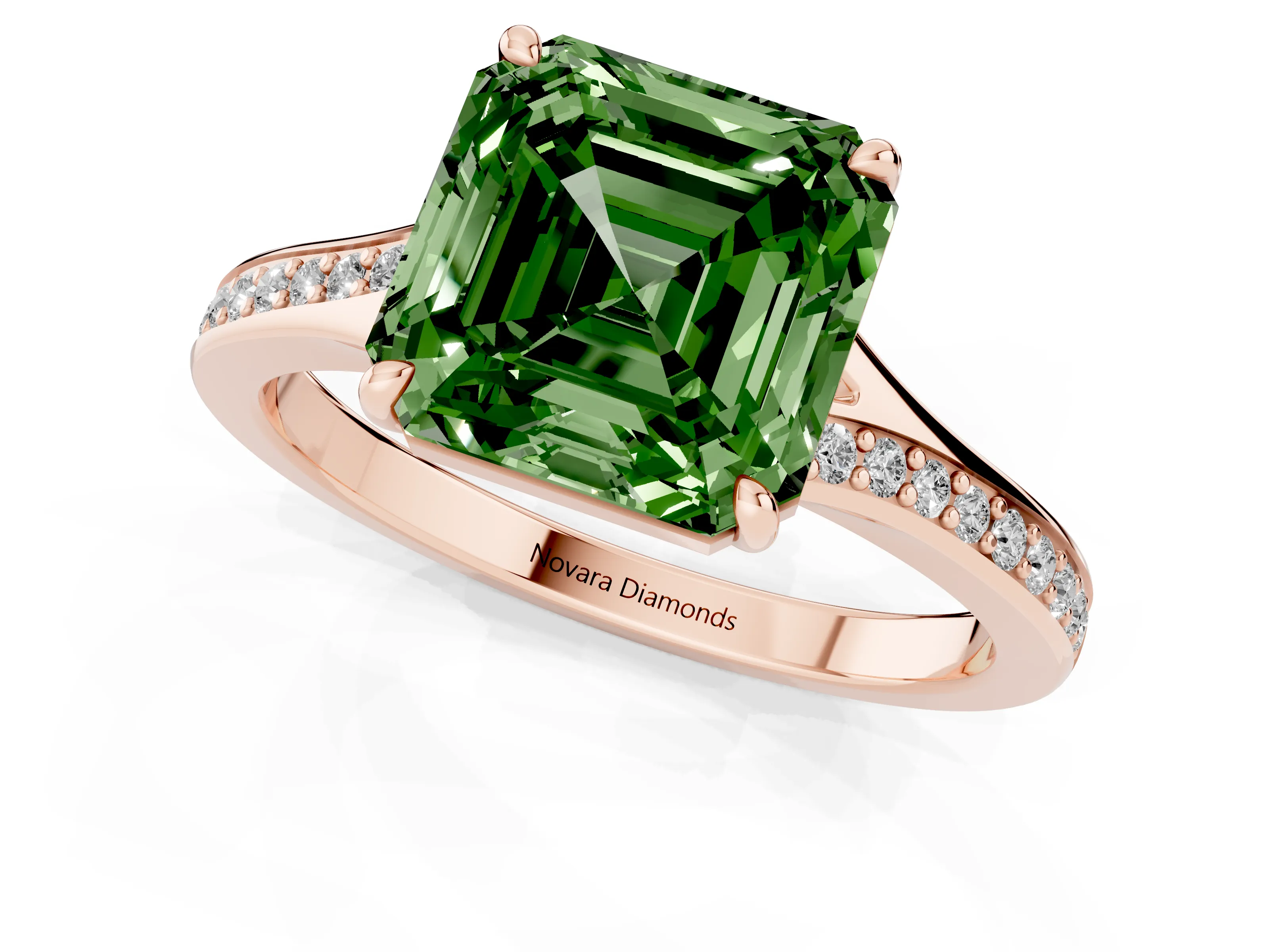 Fancy Green Asscher Cut Diamond Solitaire Ring Set in Rose gold with Pavé Accent Band and Classic Prong Setting