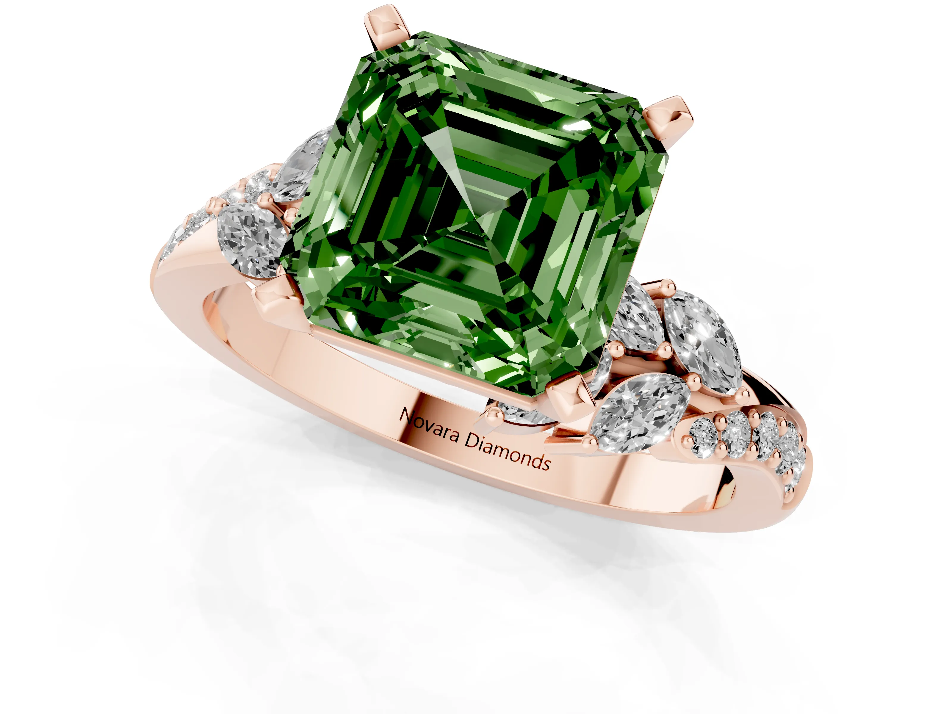 Fancy Green Asscher Cut Diamond Solitaire Ring Set in Rose gold with Marquise Twist Band and Prong Setting