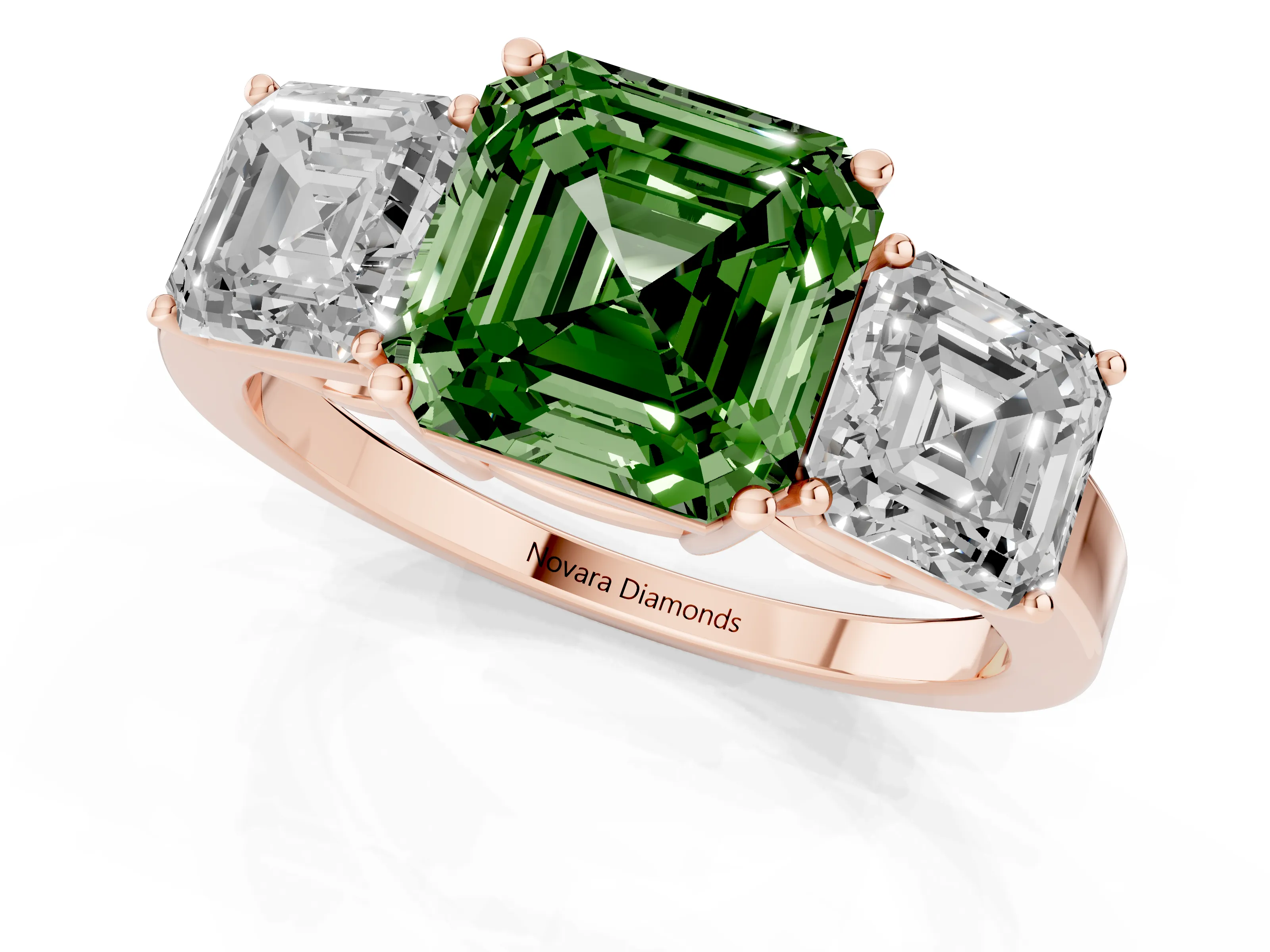 Fancy Green Asscher Cut Diamond Three-Stone Engagement Ring Set in Rose gold with Flat Band