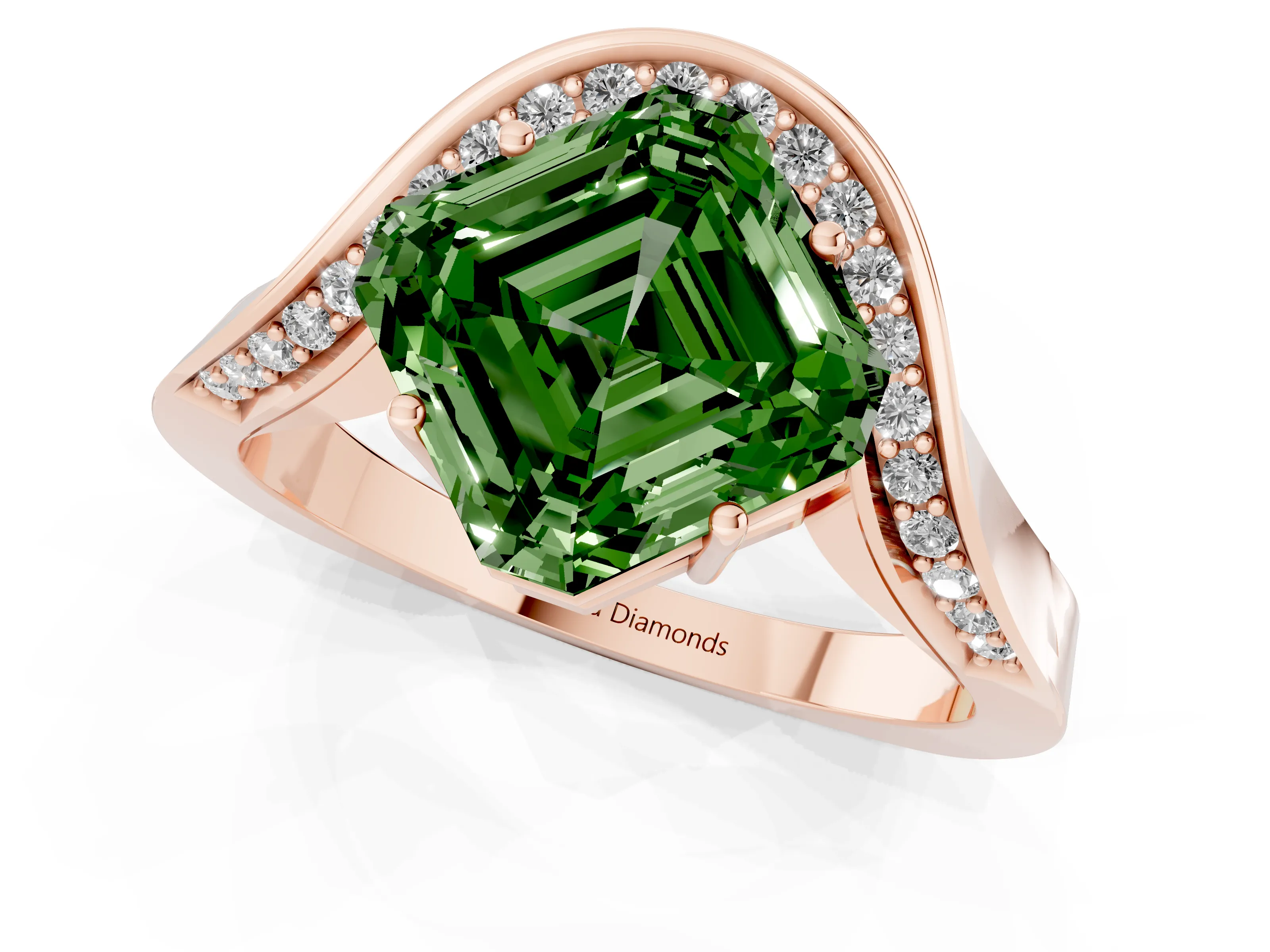 Fancy Green Asscher Cut Diamond Solitaire Engagement Ring Set in Rose gold with Pavé Shoulders