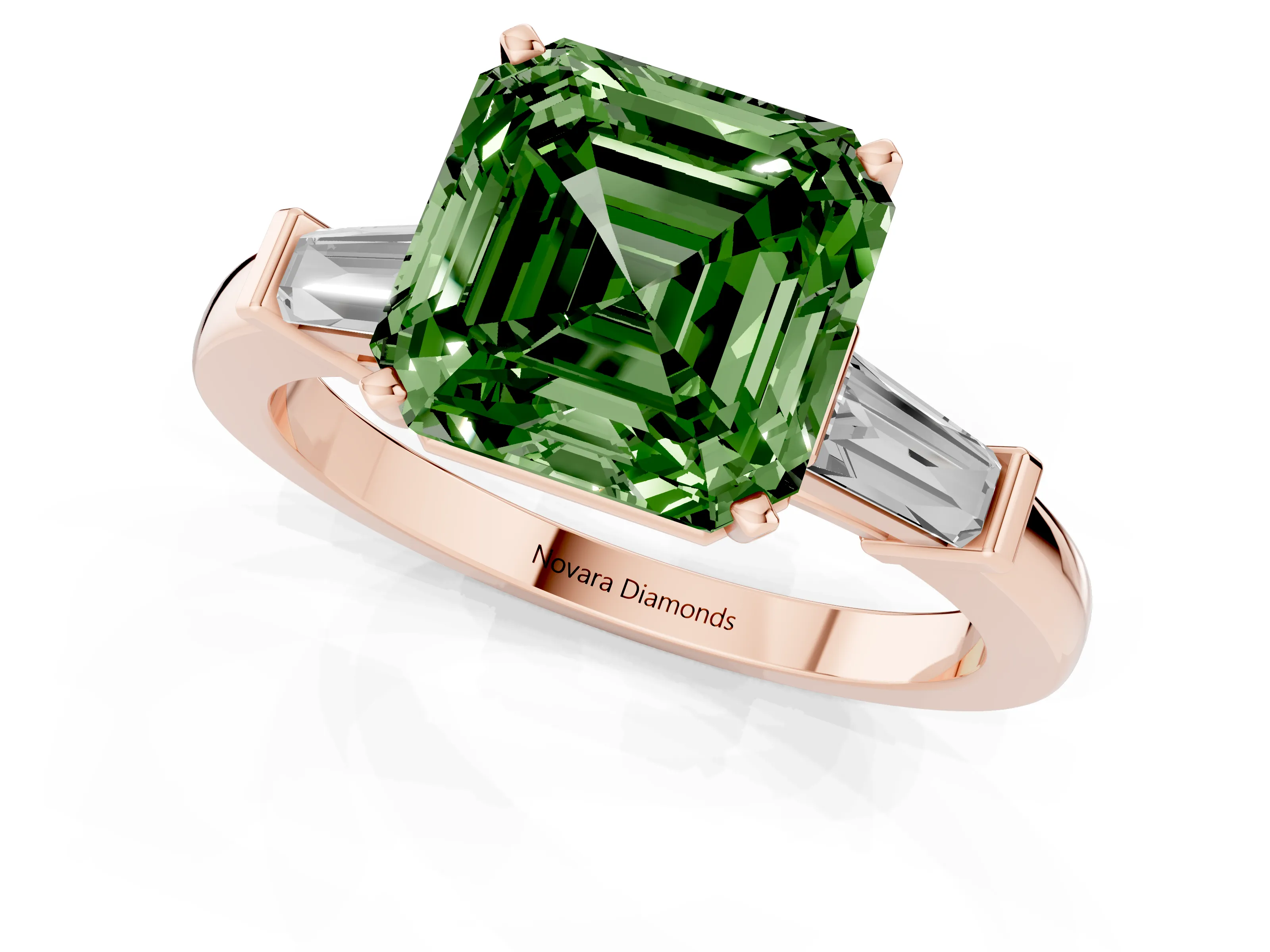 Fancy Green Asscher Cut Diamond Solitaire Ring Set in Rose gold with Tapered Baguette Accents and Prong Setting