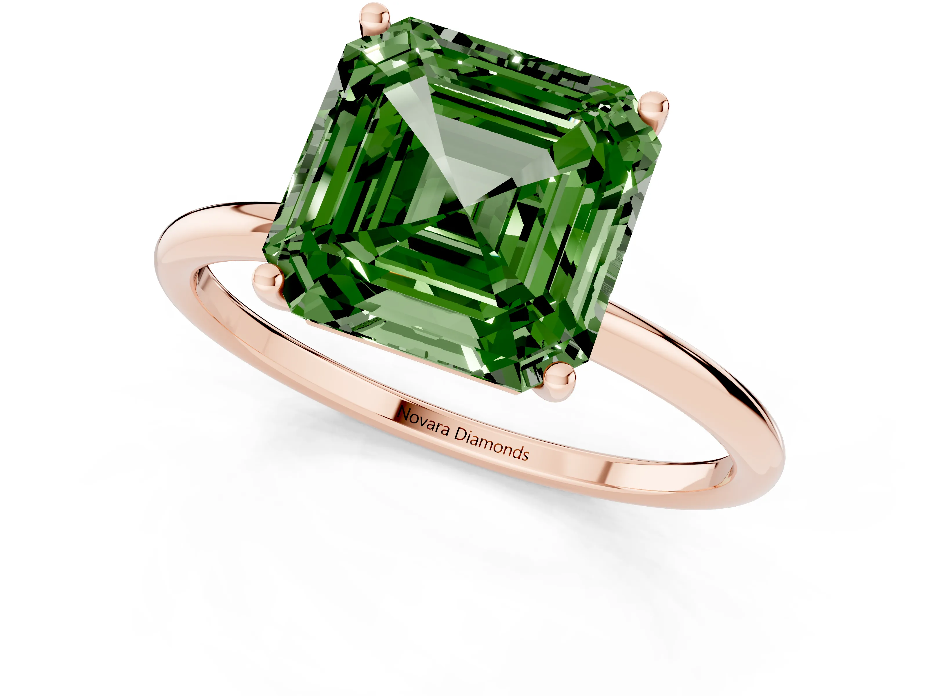 Fancy Green Asscher Cut Diamond Solitaire Engagement Ring Set in Rose gold with Thin Band and Prong Setting