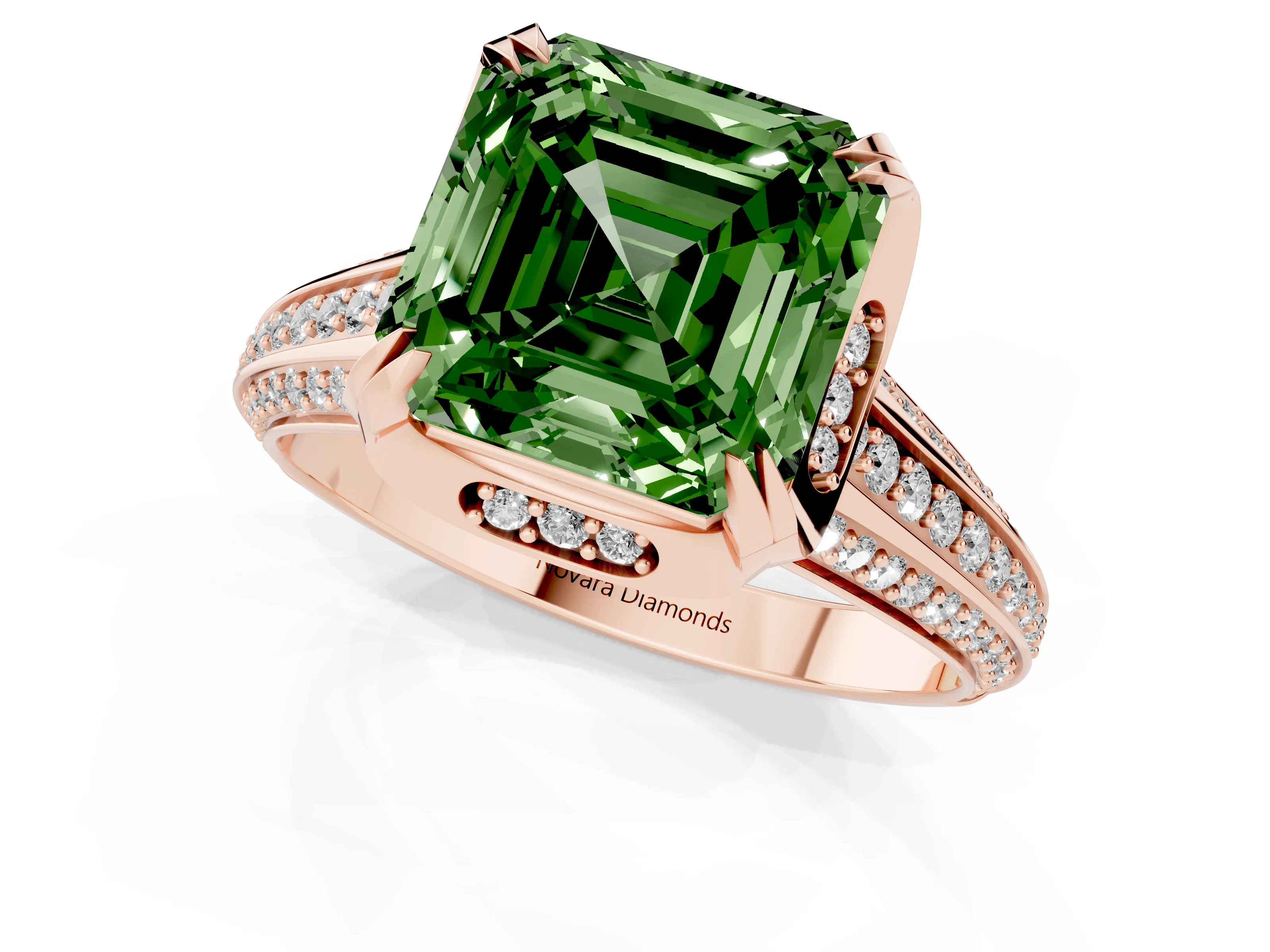 Fancy Green Asscher Cut Diamond Pavé Split Shank Solitaire Ring Set in Rose gold with Prong Setting