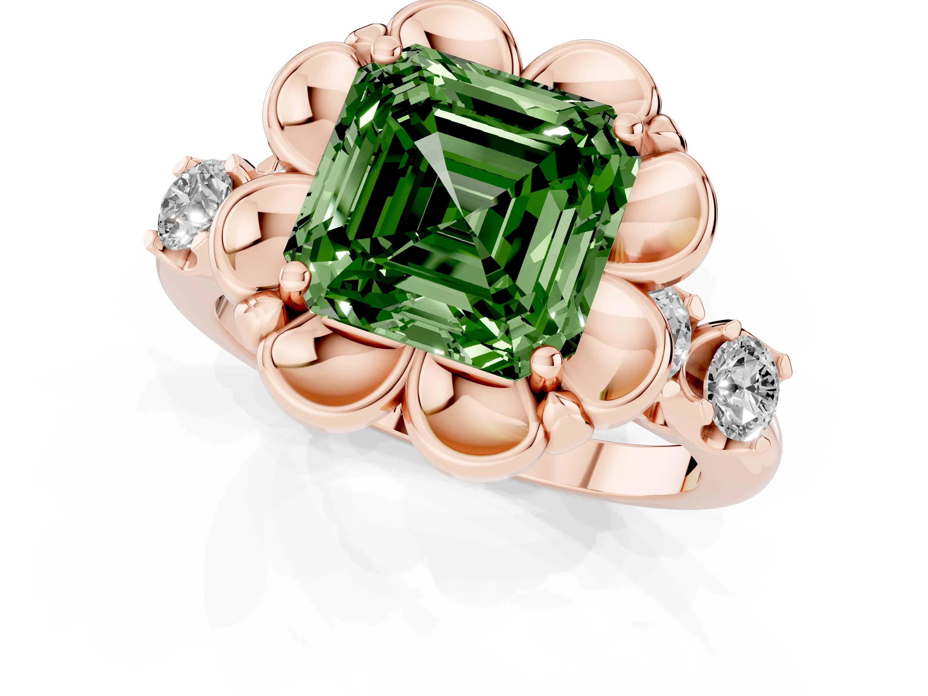 Fancy Green Asscher Cut Diamond Floral Halo Ring Set in Rose gold with Shared Prong Band