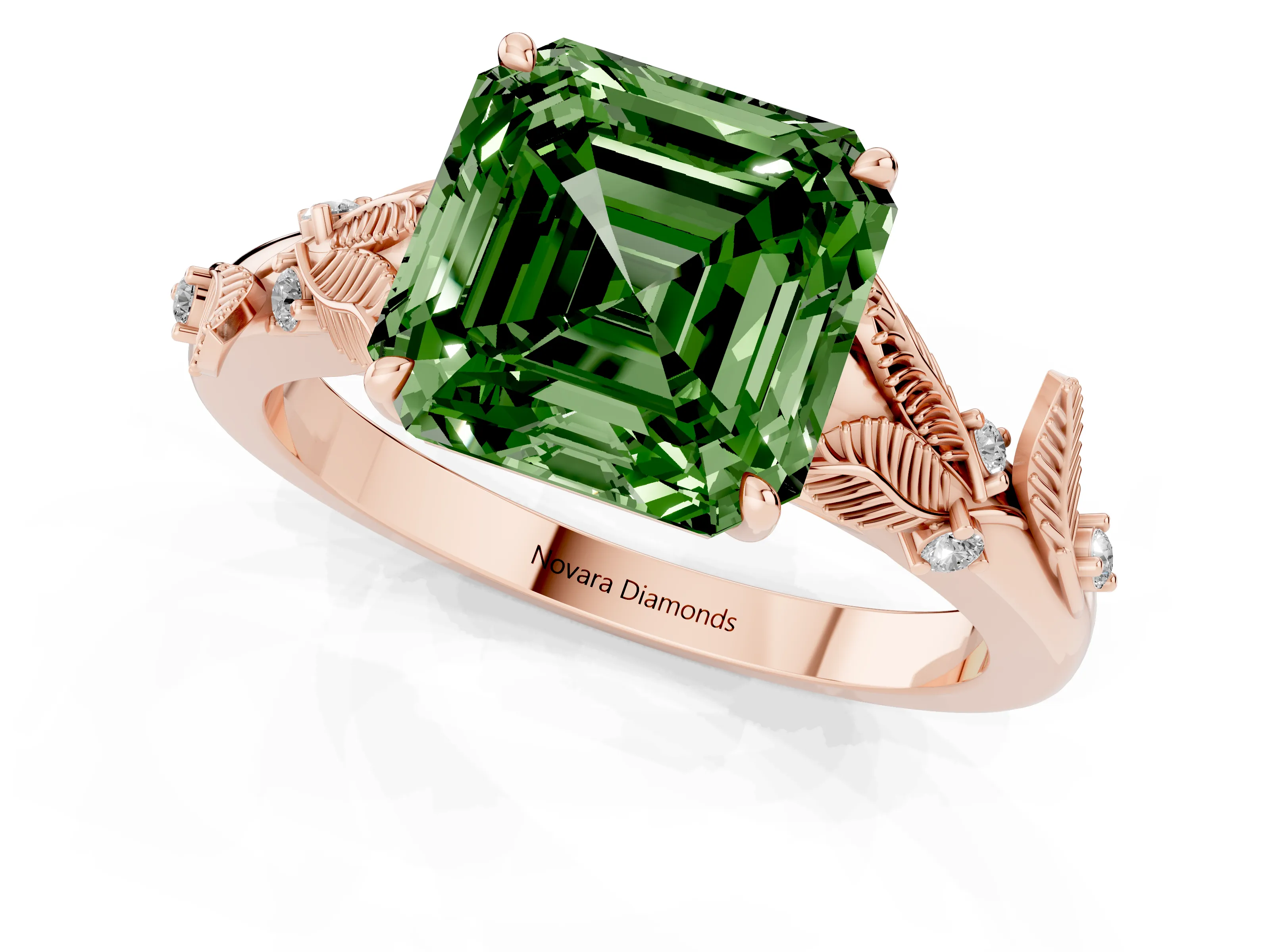 Fancy Green Asscher Cut Diamond Solitaire Ring Set in Rose gold with Leaf Motif Band