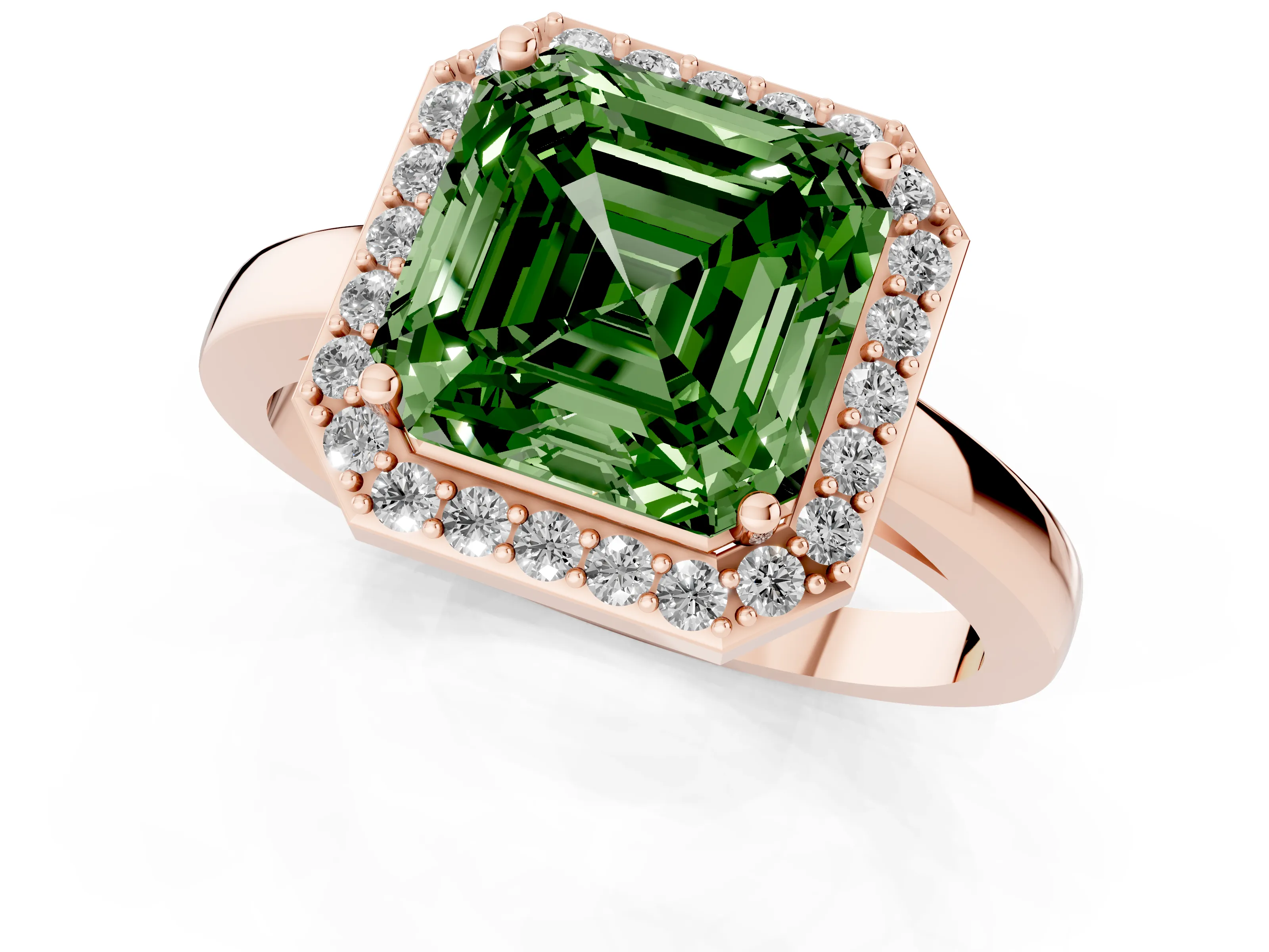 Fancy Green Asscher Cut Diamond Halo Ring Set in Rose gold with Solitaire Band and Prong Setting