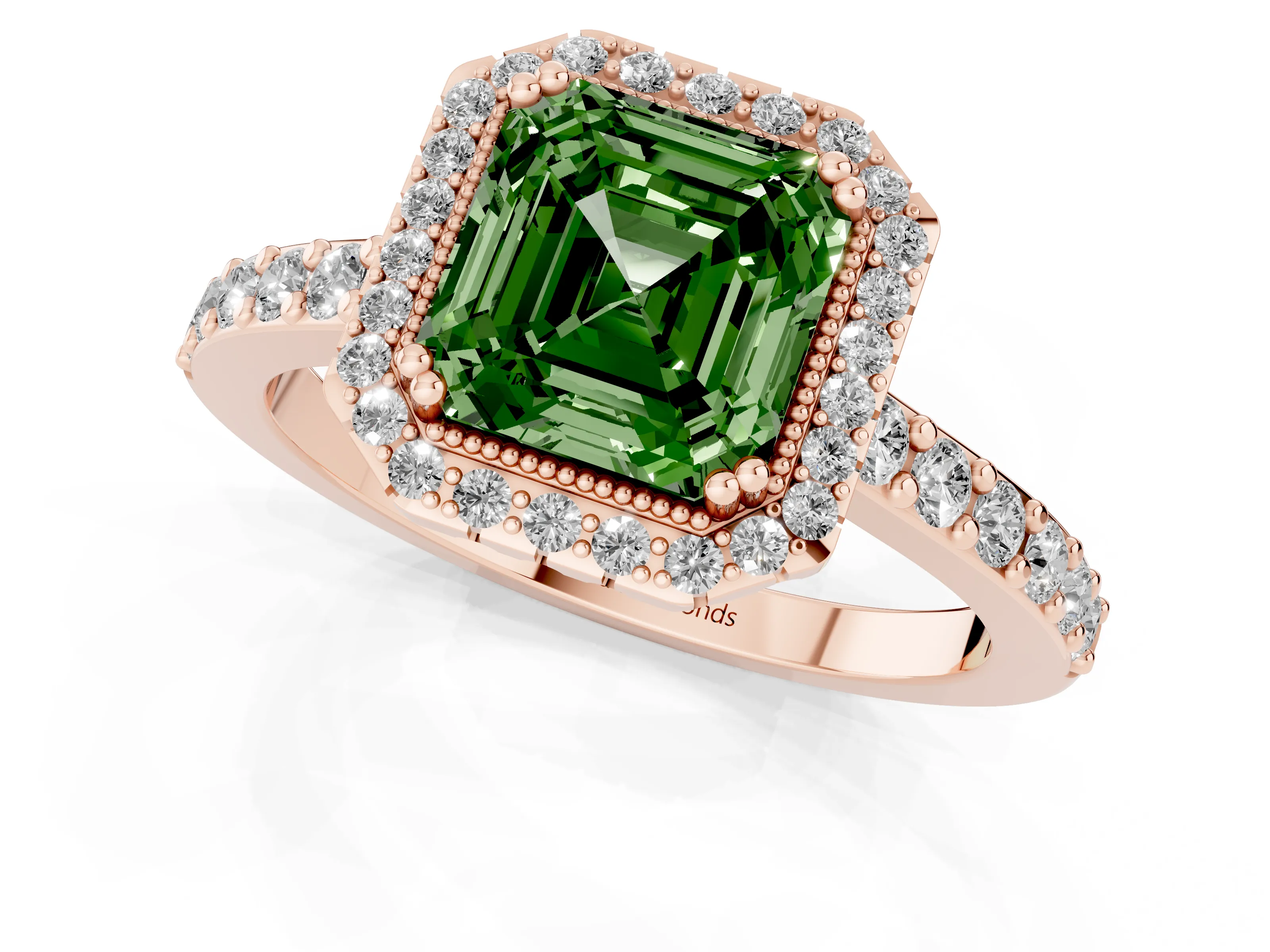 Fancy Green Asscher Cut Diamond Halo Engagement Ring Set in Rose gold with Milgrain Detail and Pavé Band