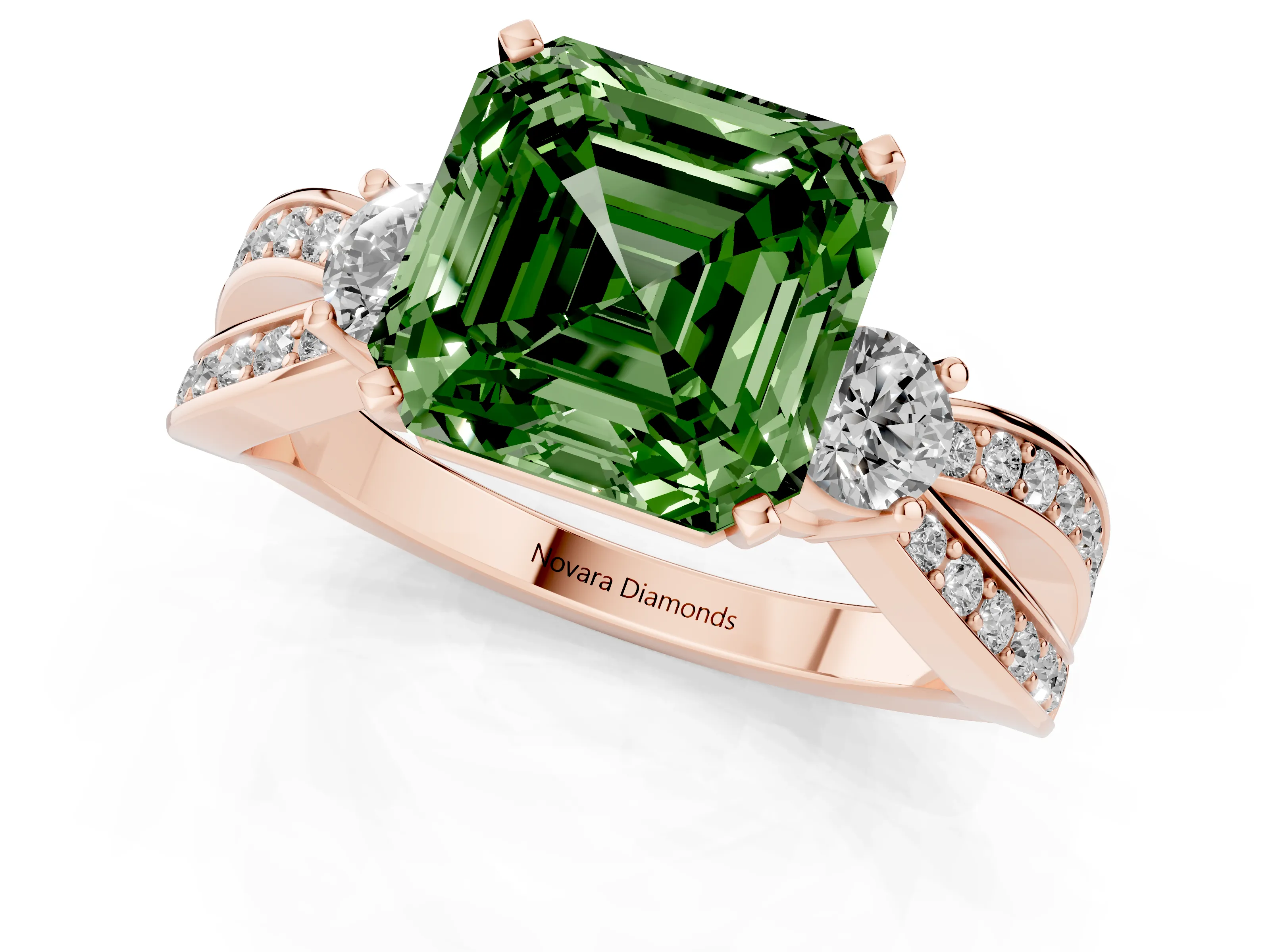 Fancy Green Three-Stone Asscher Cut Diamond Twist Band Ring Set in Rose gold with Pavé Accents and Prong Setting
