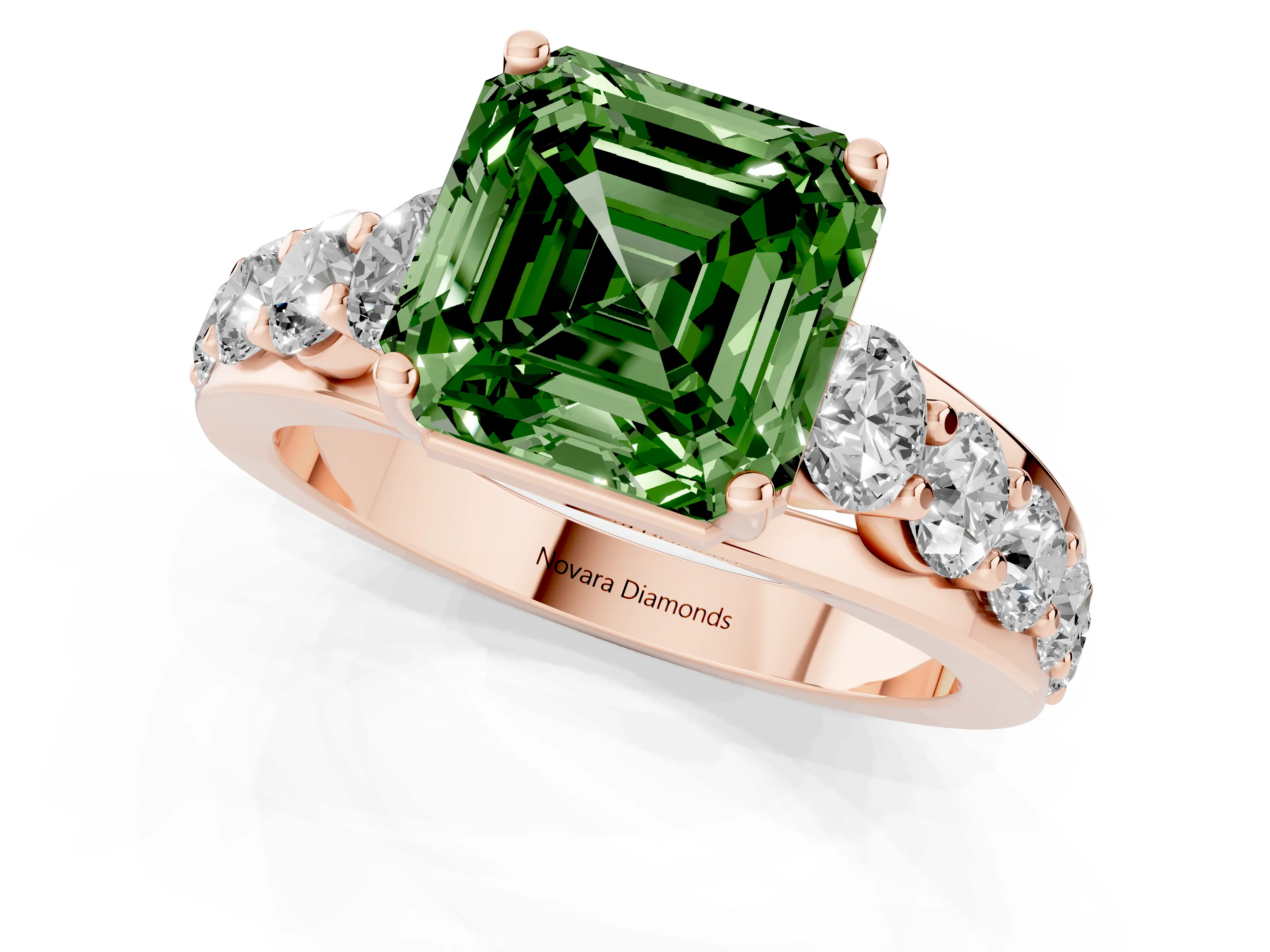 Fancy Green Asscher Cut Diamond Pavé Engagement Ring Set in Rose gold with Prong Setting