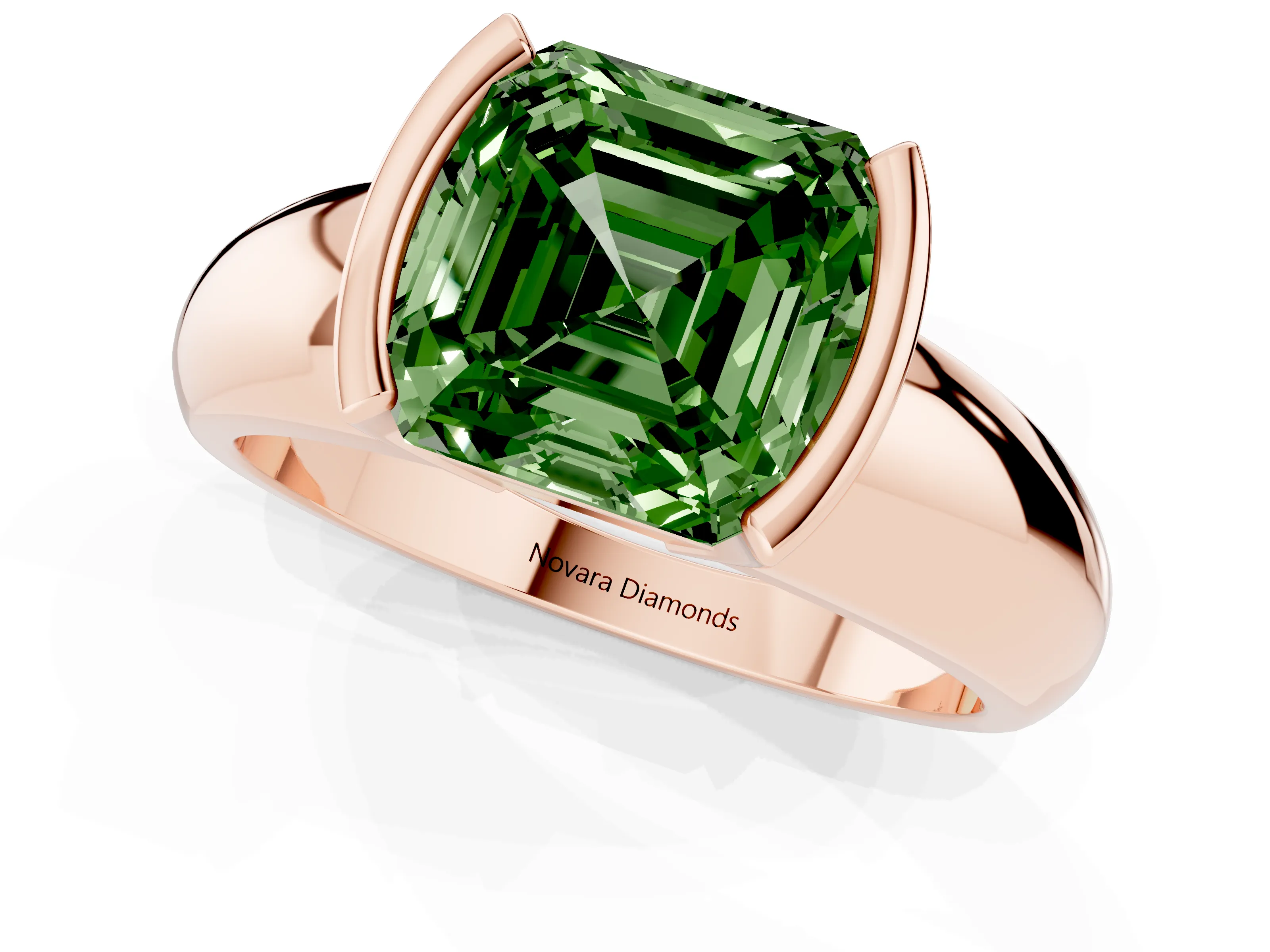 Fancy Green Asscher Cut Diamond Solitaire Tension Set Ring Set in Rose gold with Wide Band