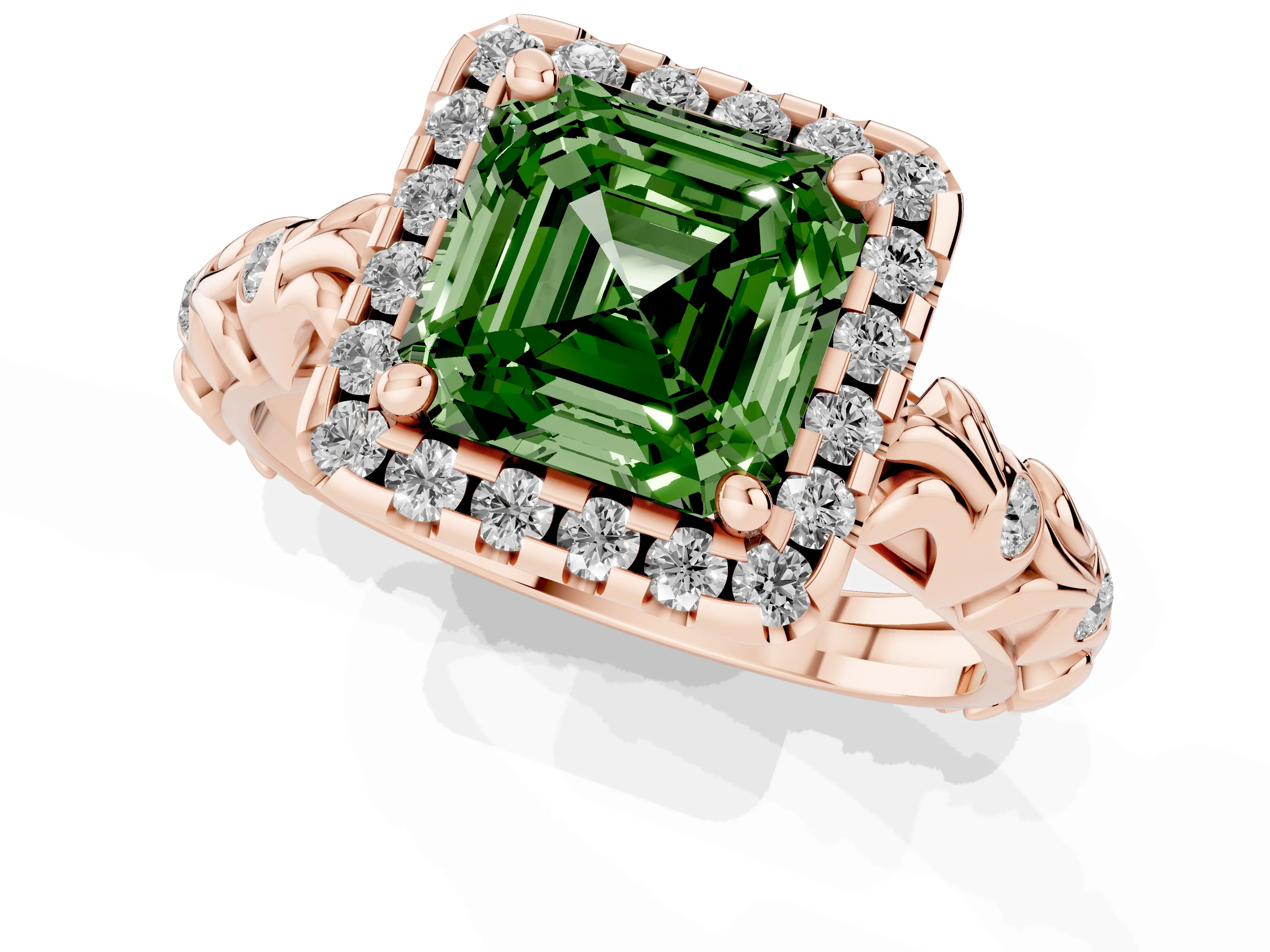 Fancy Green Asscher Cut Diamond Halo Ring Set in Rose gold with Filigree Leaf Band and Prong Setting