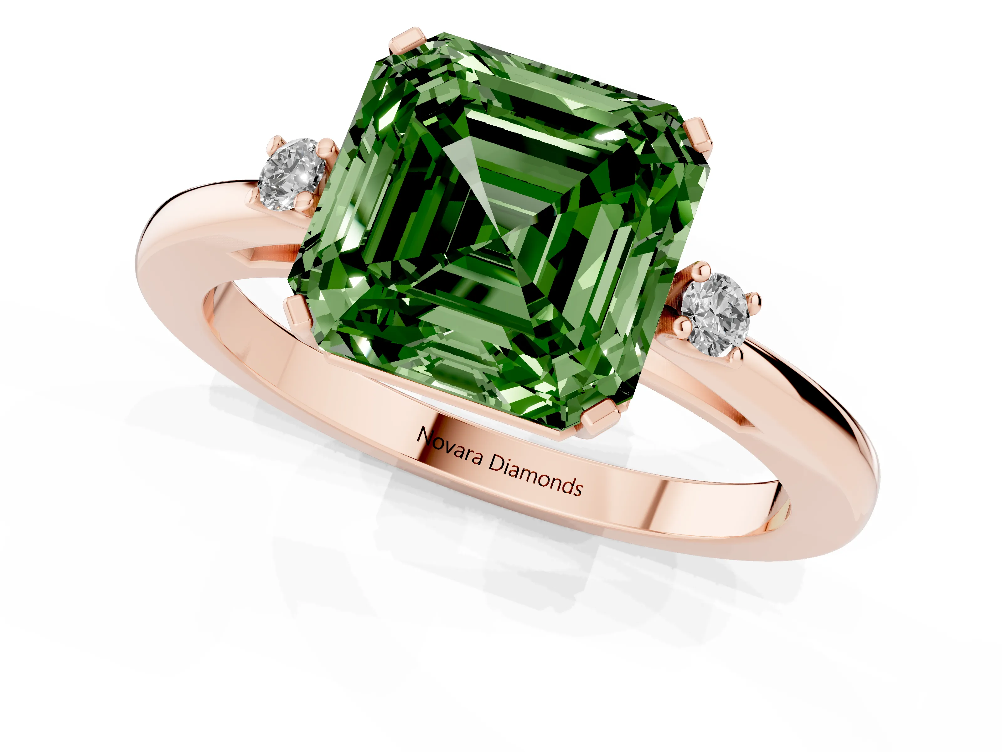Fancy Green Three-Stone Asscher Cut Diamond Solitaire Ring Set in Rose gold with Round Accent Stones and Prong Setting