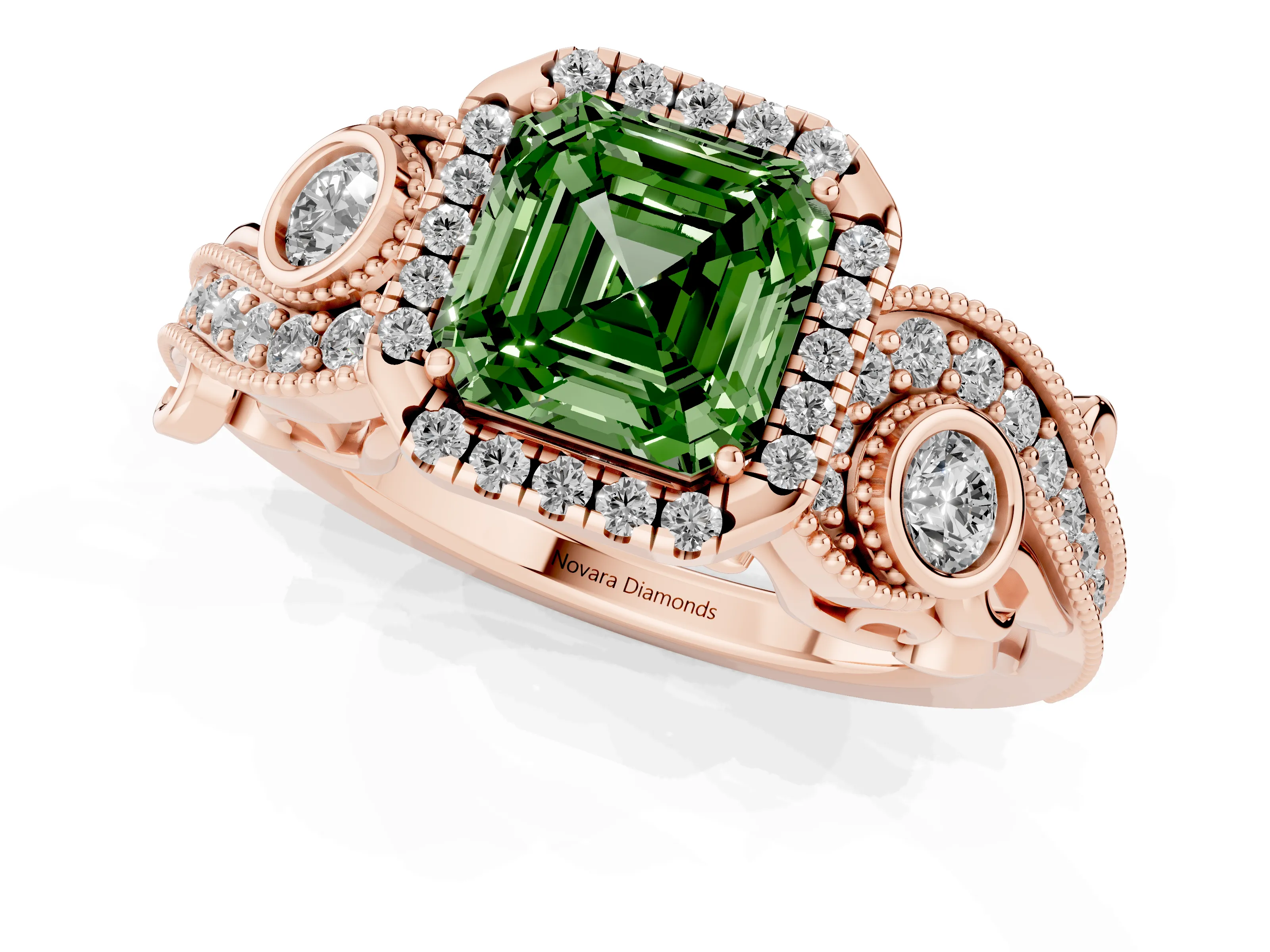 Fancy Green Asscher Cut Diamond Halo Ring Set in Rose gold with Milgrain Pavé Band and Prong Setting