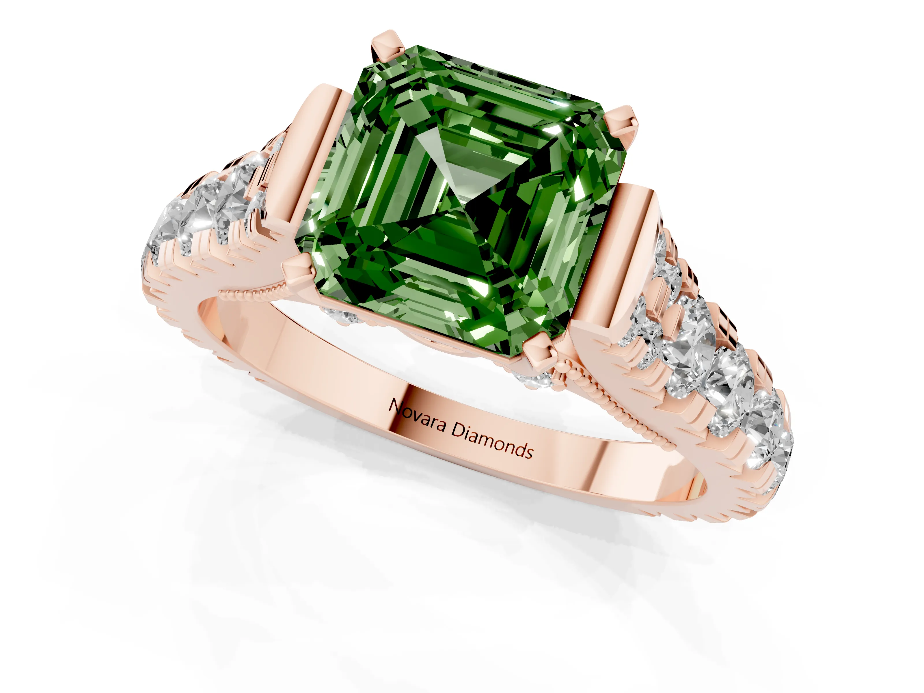 Fancy Green Asscher Cut Diamond Classic Solitaire Ring Set in Rose gold with Pavé Band and Prong Setting