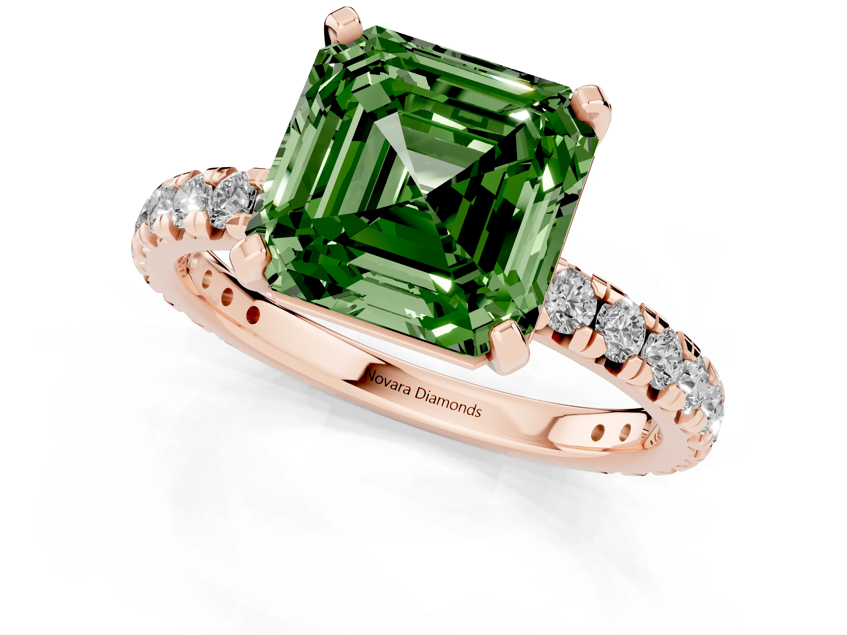 Fancy Green Asscher Cut Diamond Pavé Solitaire Ring Set in Rose gold with Round Band and Prong Setting