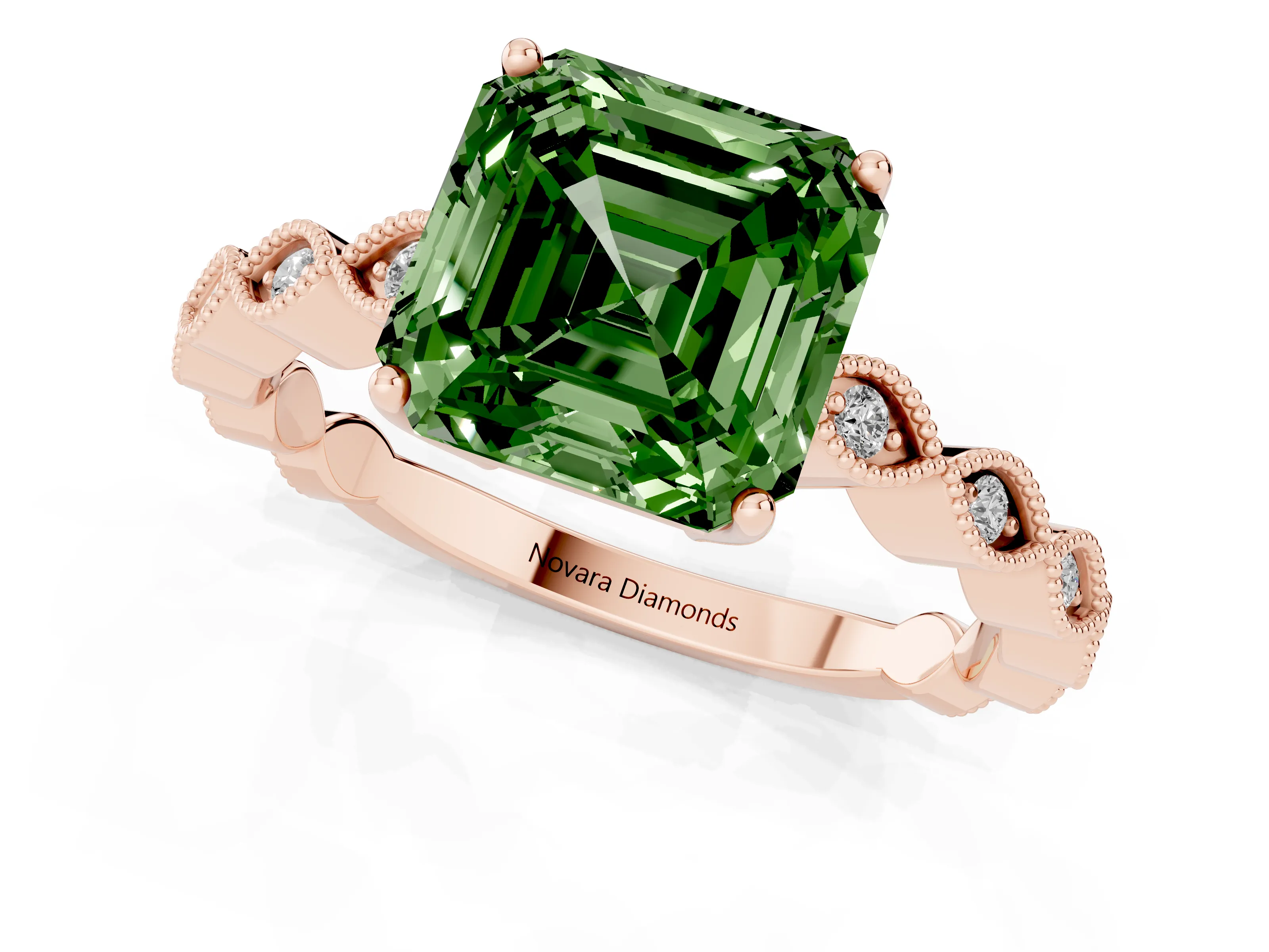 Fancy Green Asscher Cut Diamond Solitaire Ring Set in Rose gold with Infinity Twist Pavé Band